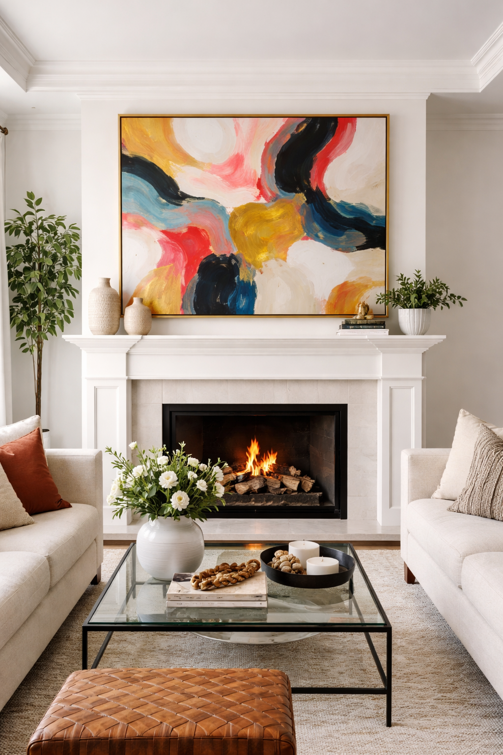 bold artwork enhances fireplace appeal