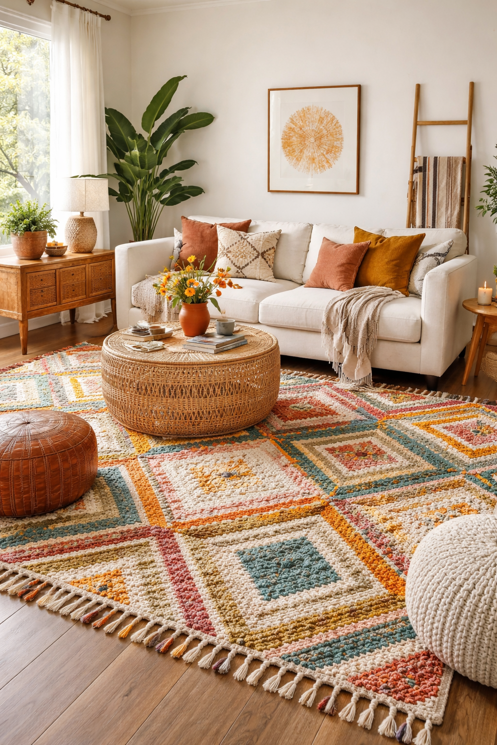 22 Modern Boho Living Room Ideas You'll Absolutely Love 1 vibrant geometric textured rugs