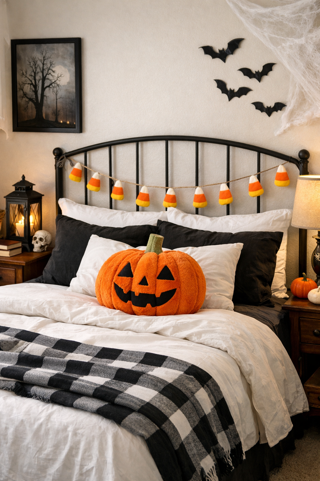 Bed with candy corn garland and pumpkin pillow