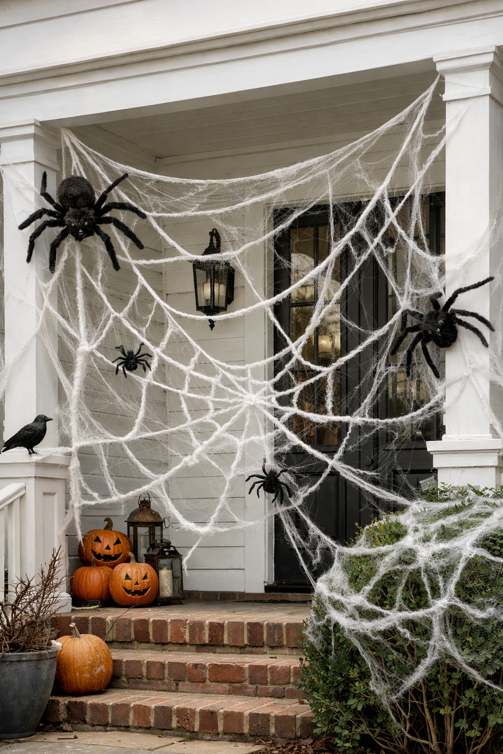 White house with DIY spiders and web