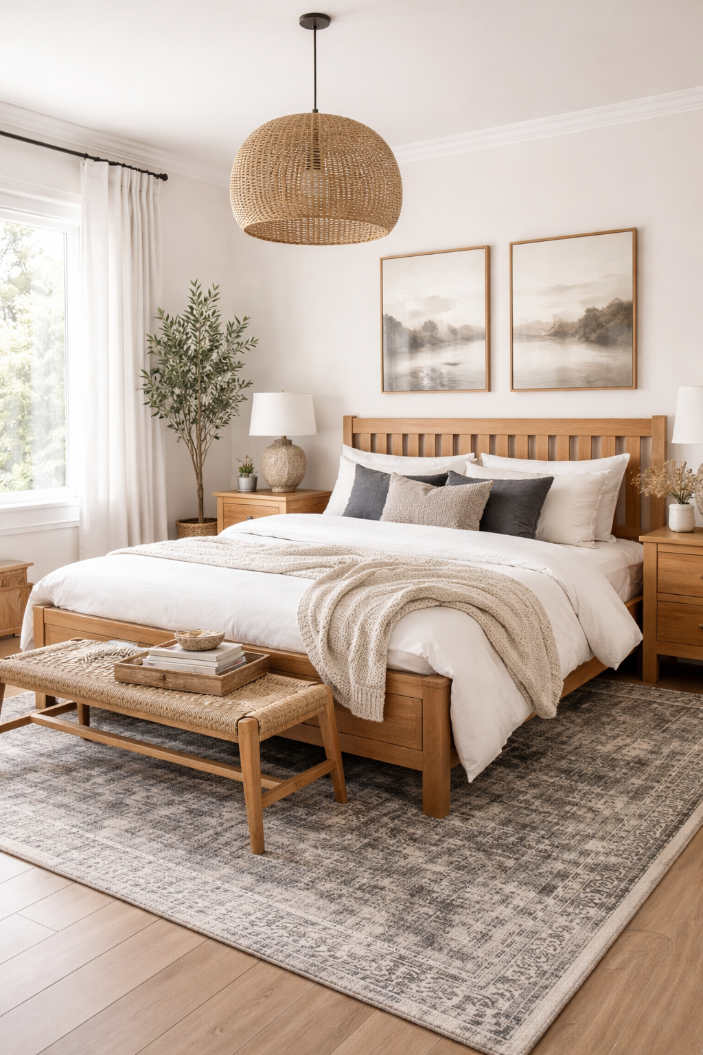 white bedroom with large wooden bed