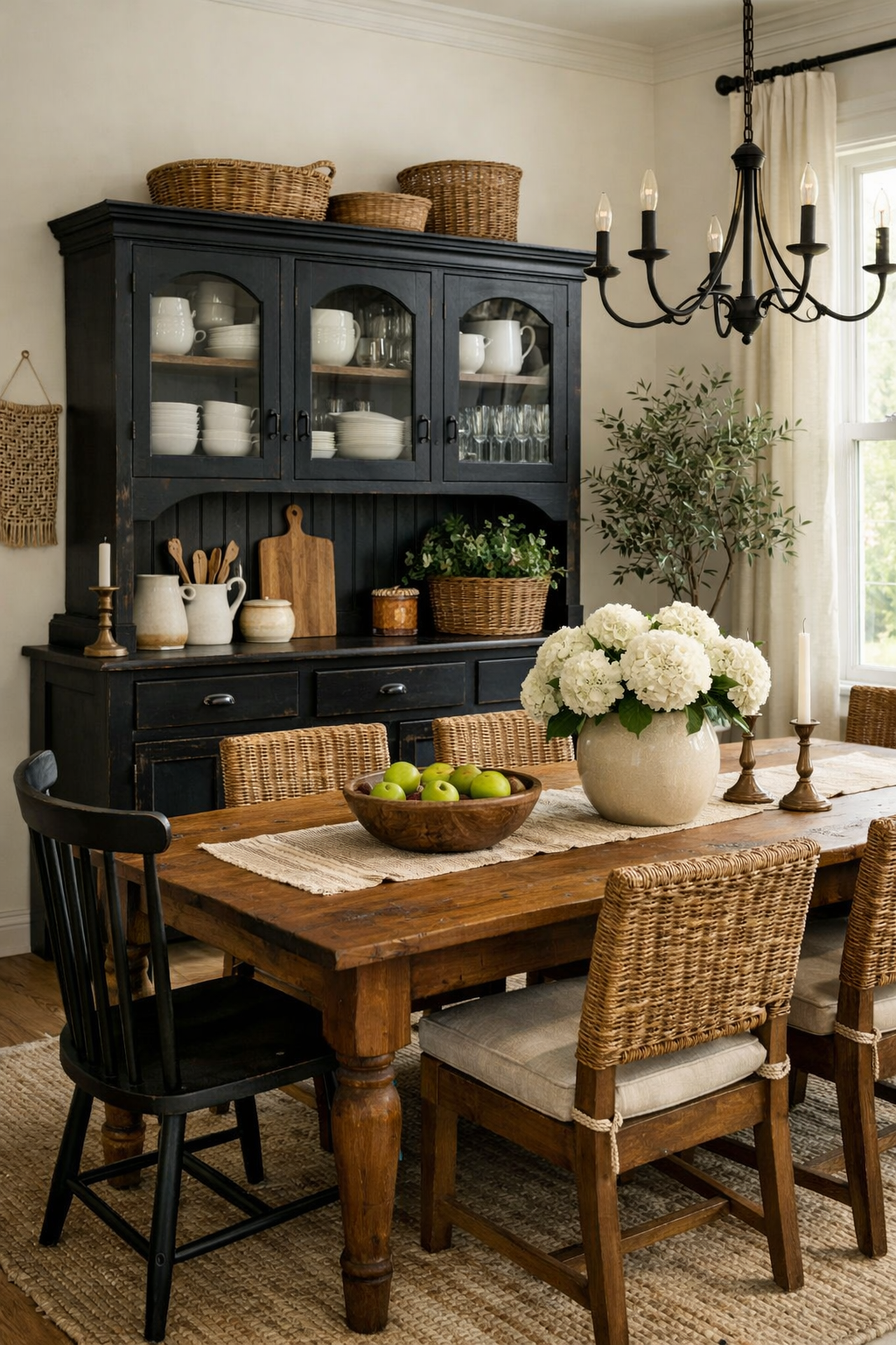 Modern dining room with black farmhouse hutch