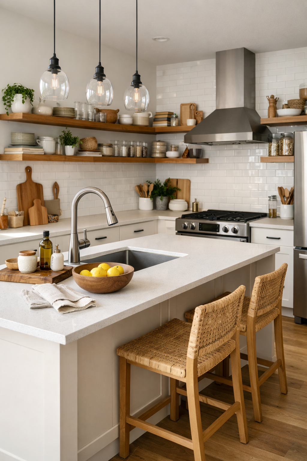 L-shaped kitchen layout with sink island
