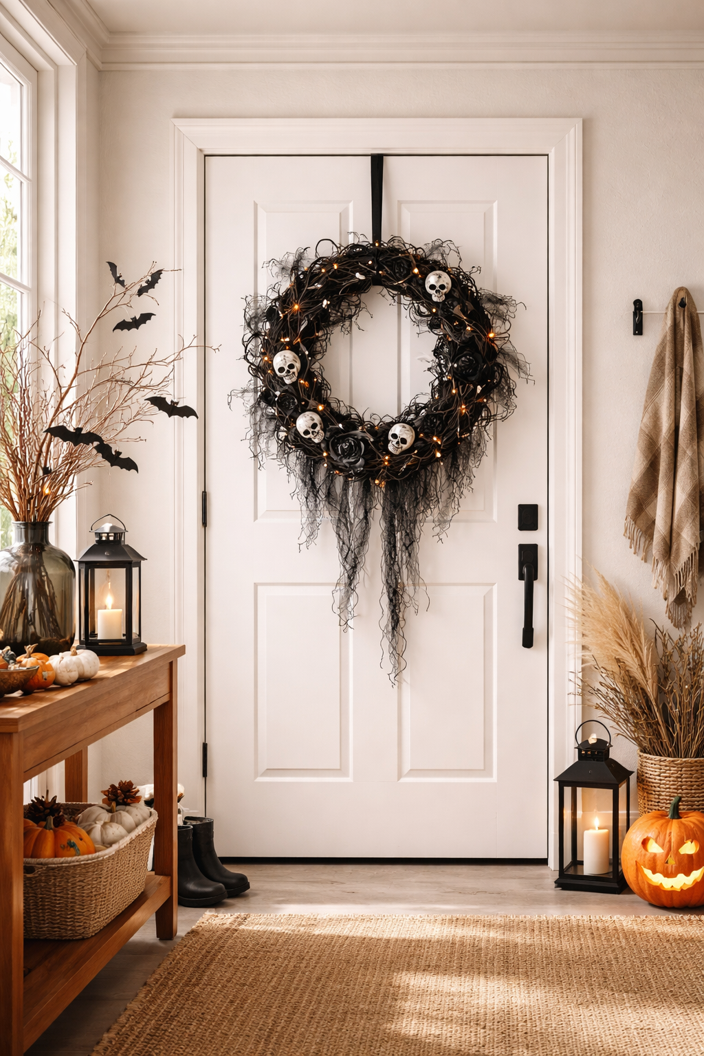 Halloween wreath hanging on white front door