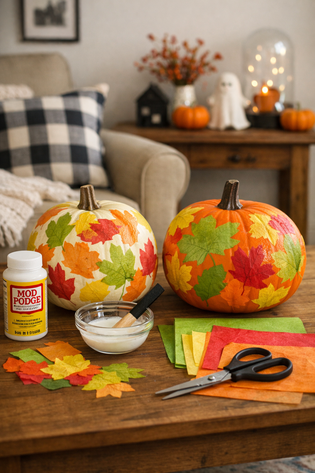 tissue paper leaves with mod podge