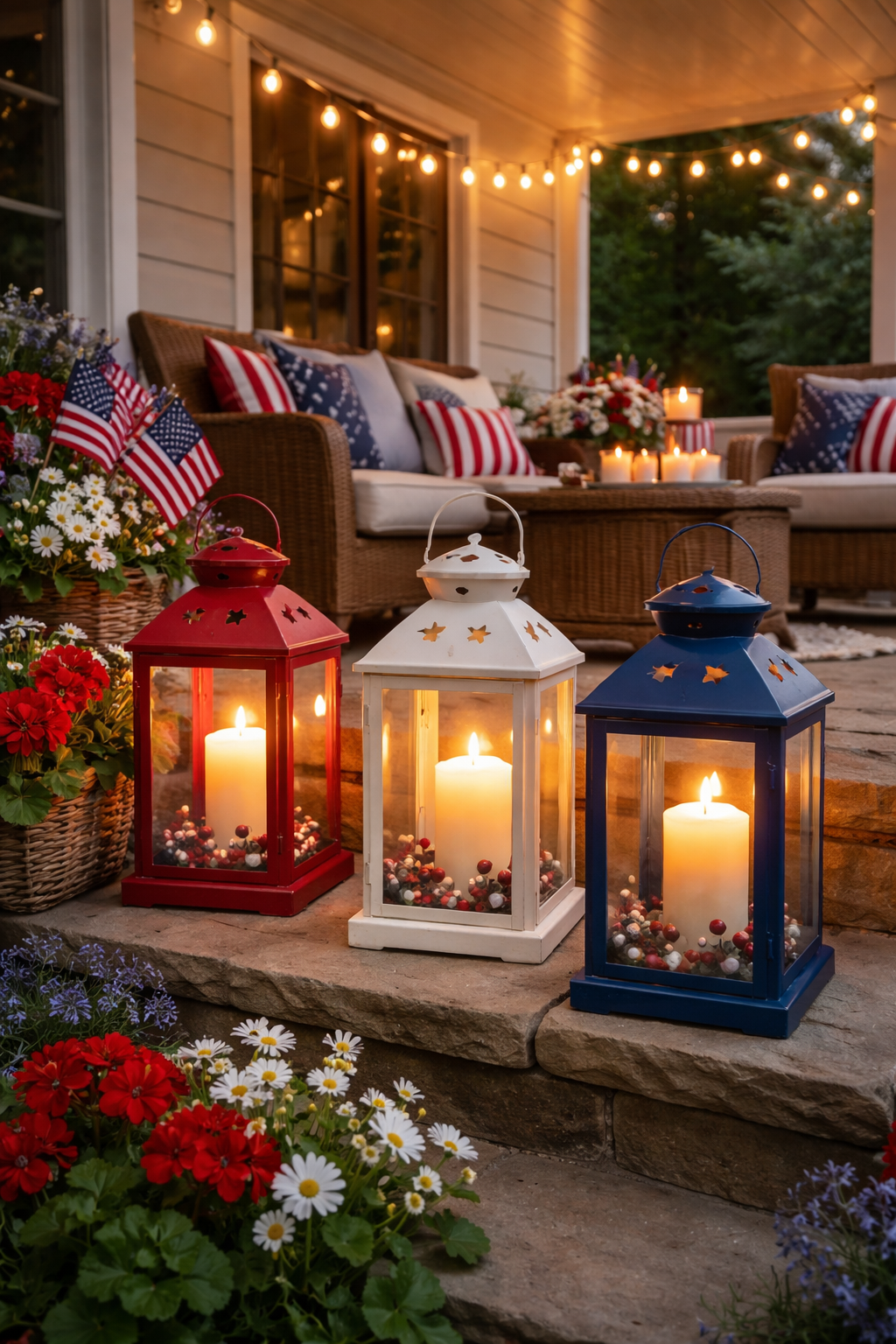 patriotic lanterns illuminate outdoors