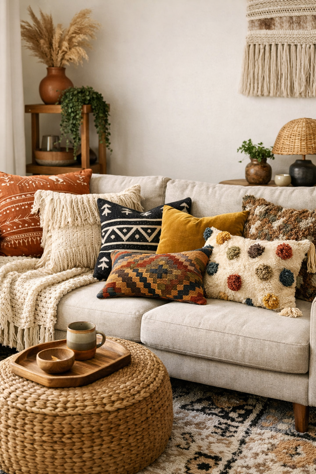 22 Modern Boho Living Room Ideas You'll Absolutely Love 2 eclectic textured pillow layering