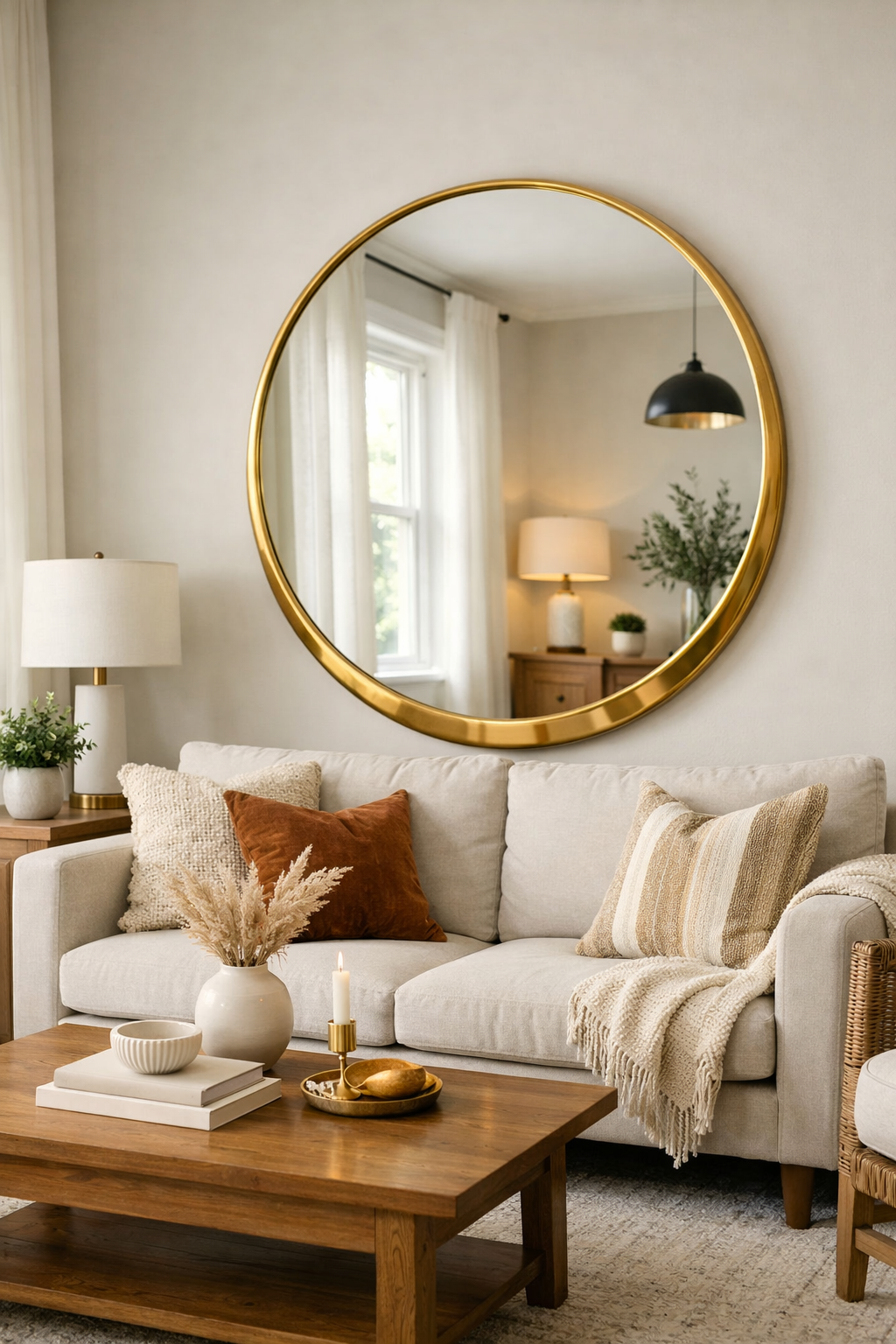 Living room with round gold mirror.