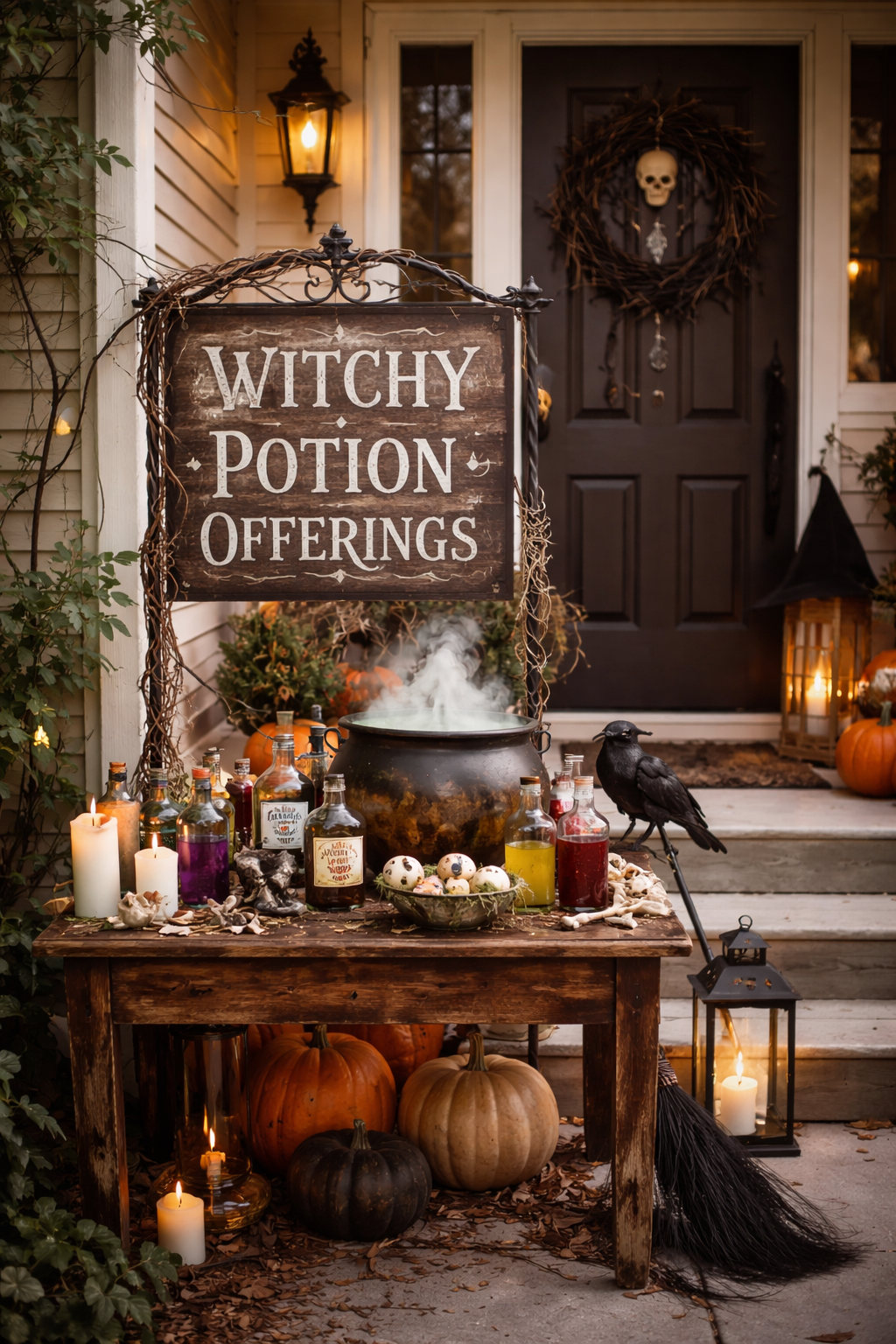 Sign in front of walk-up home with witch potion on it