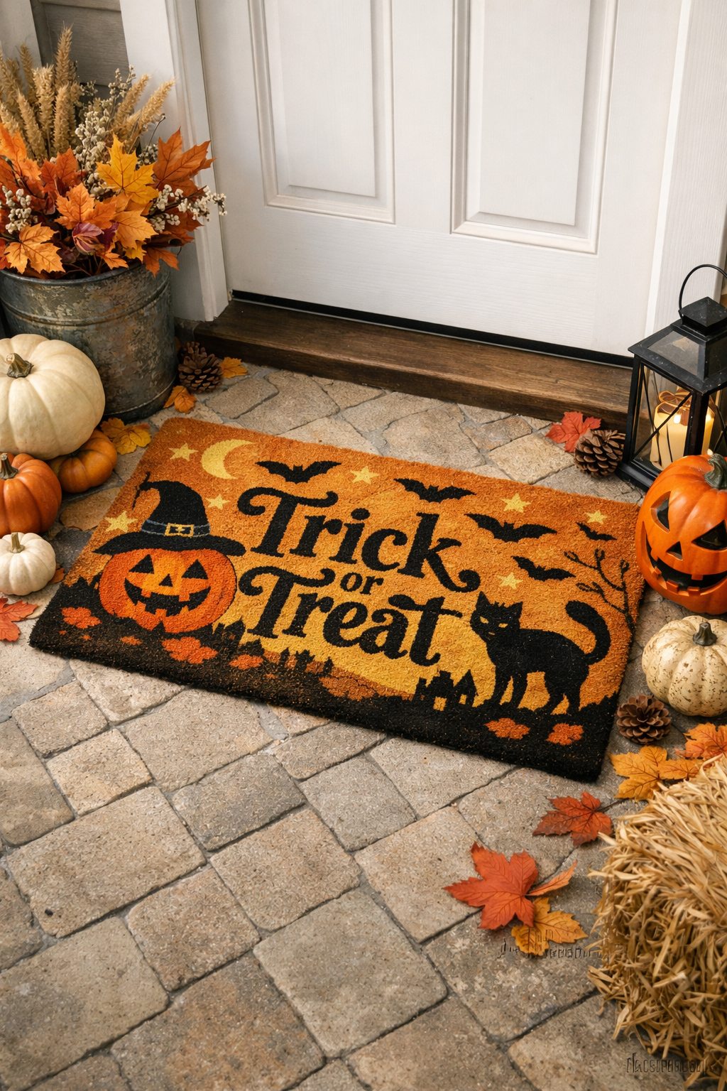 Halloween themed door mat with fall decor around it