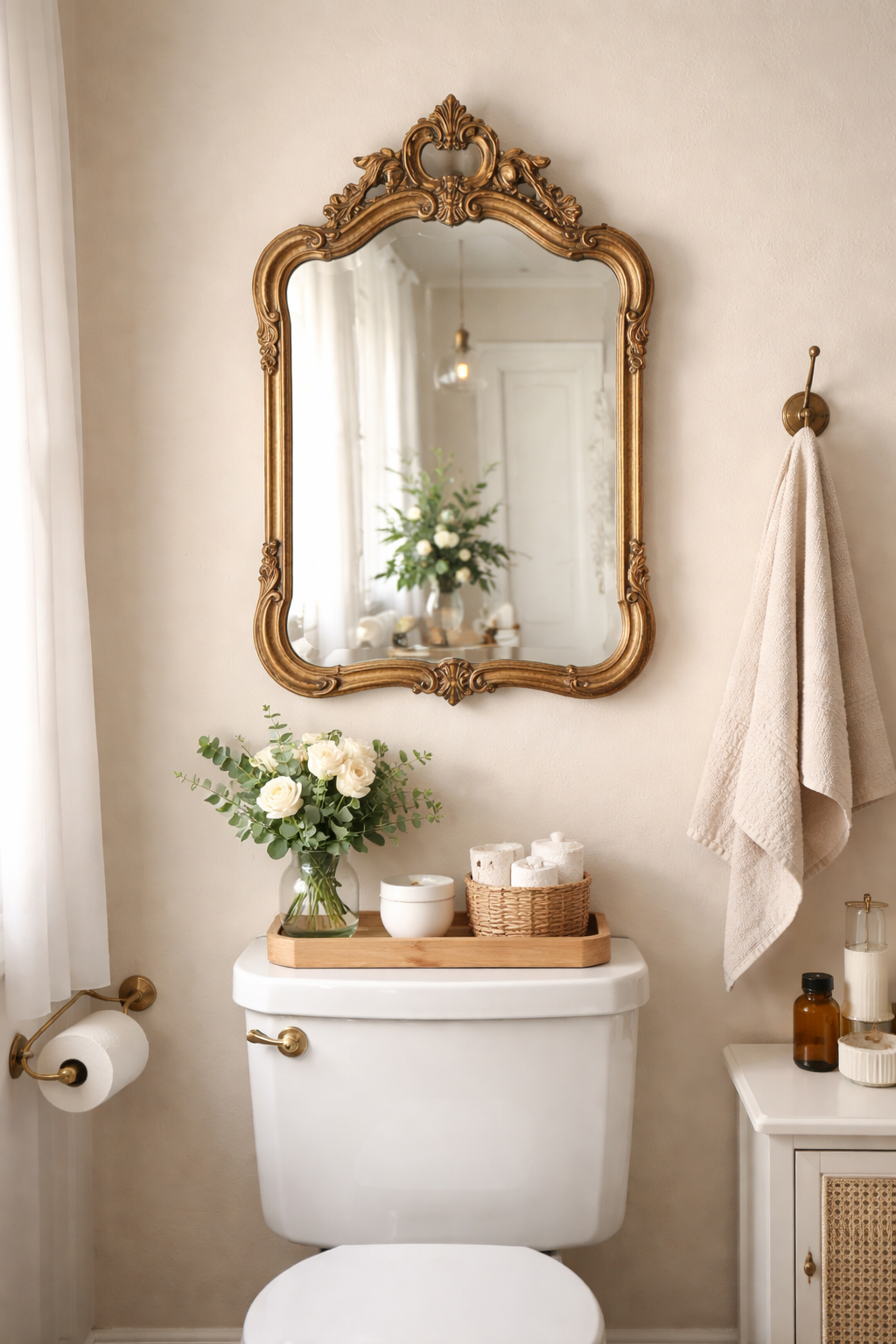 25 Gorgeous Above Toilet Decor Ideas You’ll Want to Steal 3 timeless ornate distressed mirror