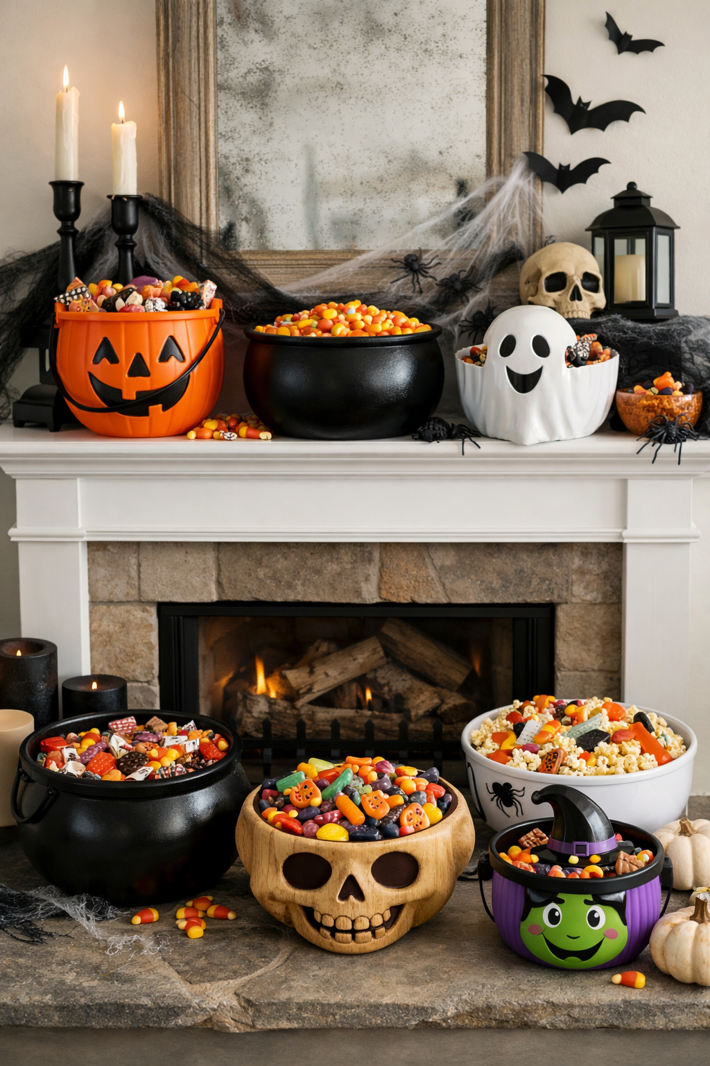 halloween mantel ideas candy buckets and bowls