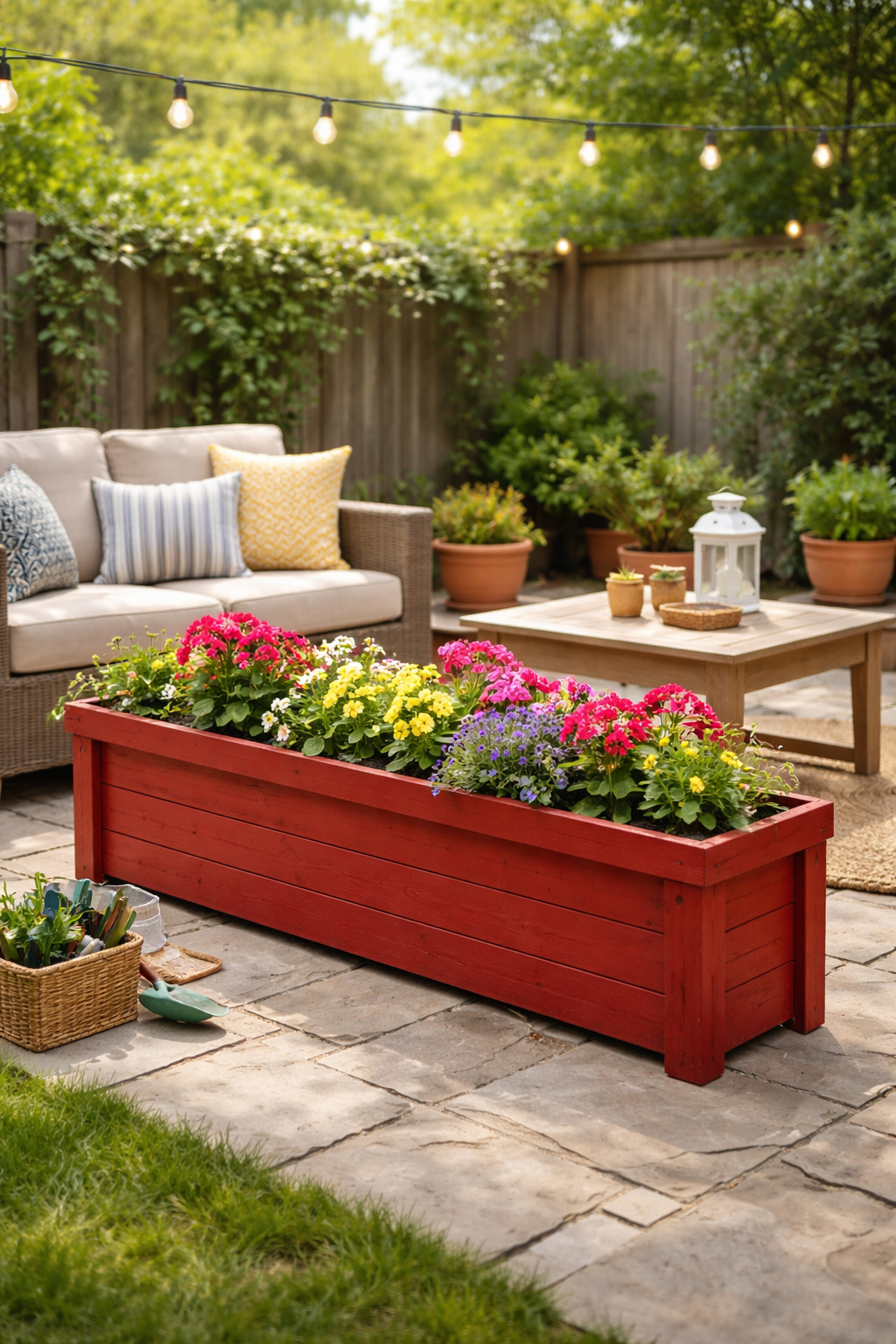 A DIY red flower box.