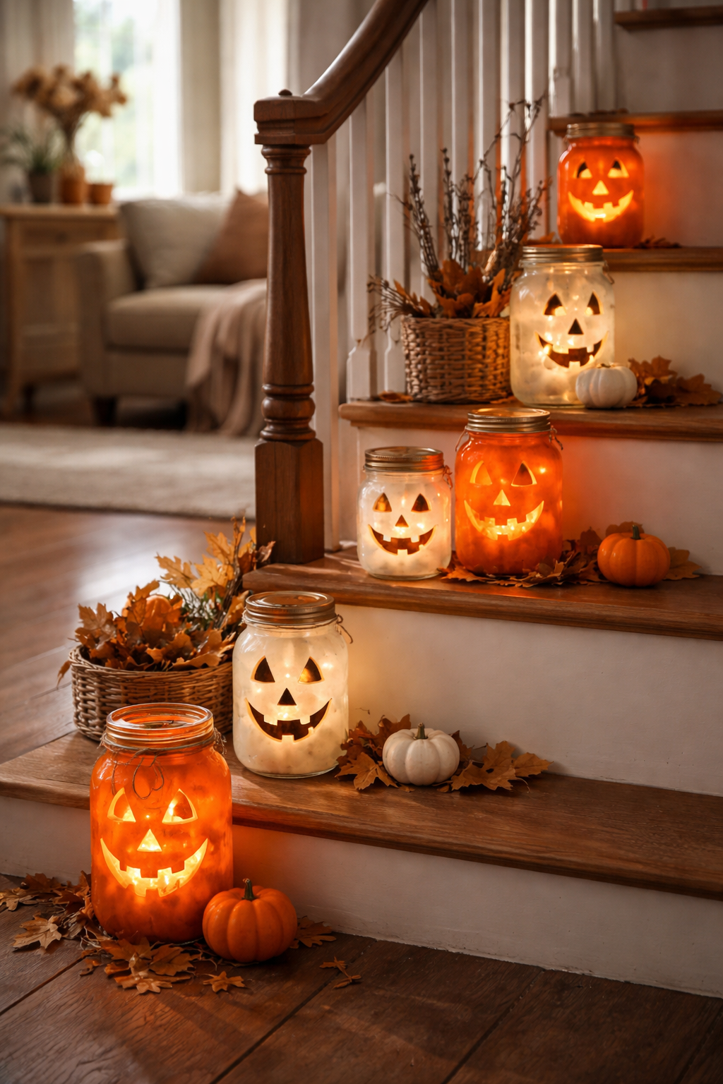 Orange and white lanterns on a staircase