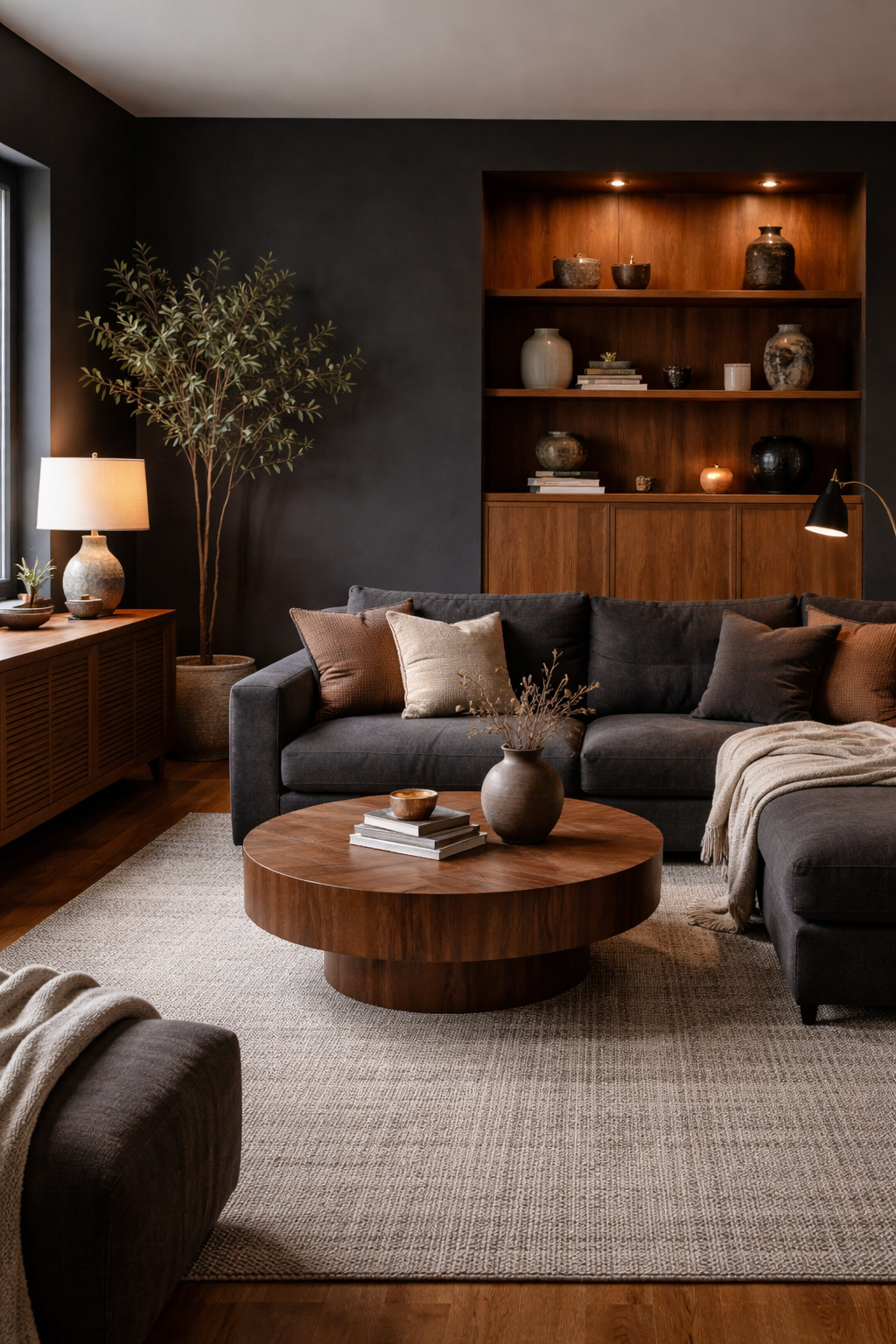 warm wooden accents balance darkness