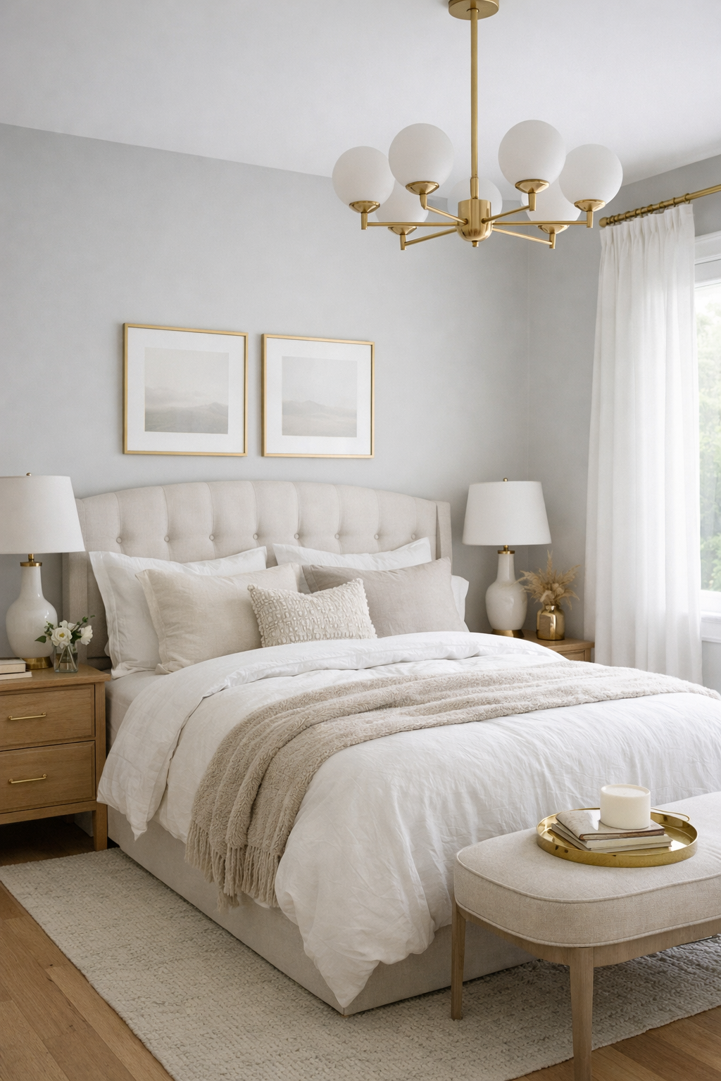 light grey bedroom wall color with gold touches
