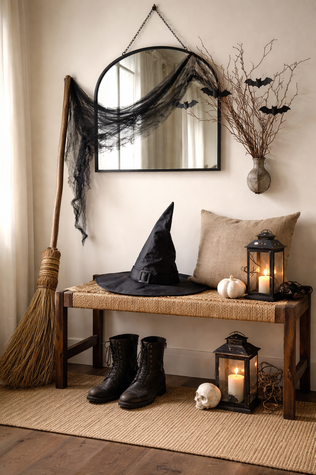 Bench with broom and witch hat