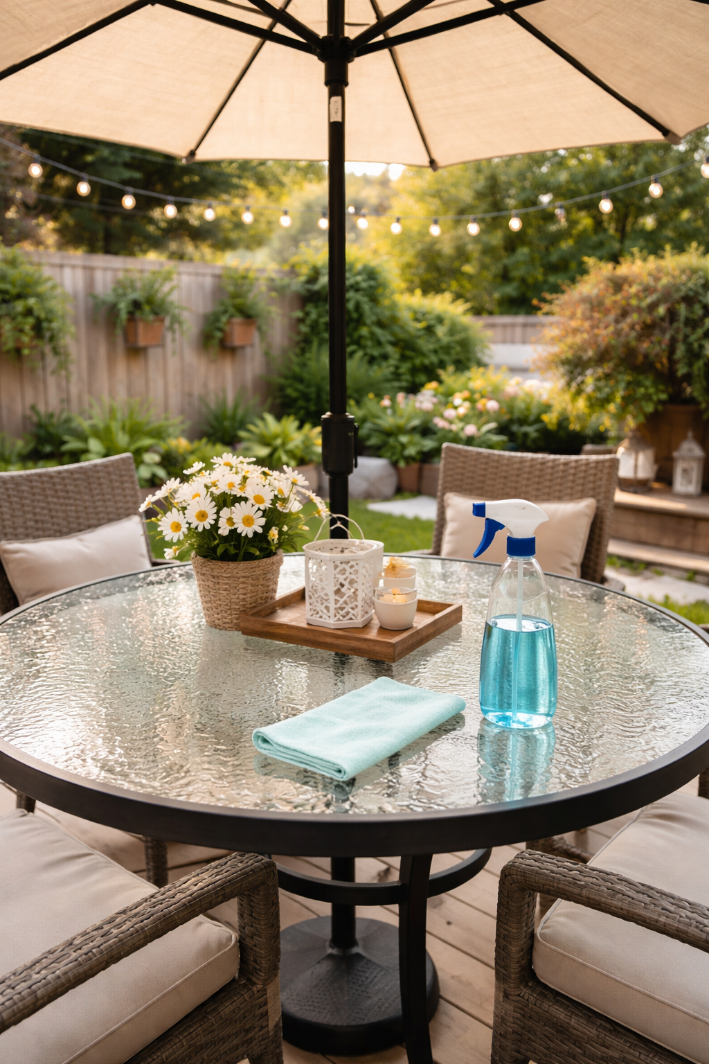 glass patio table and umbrella