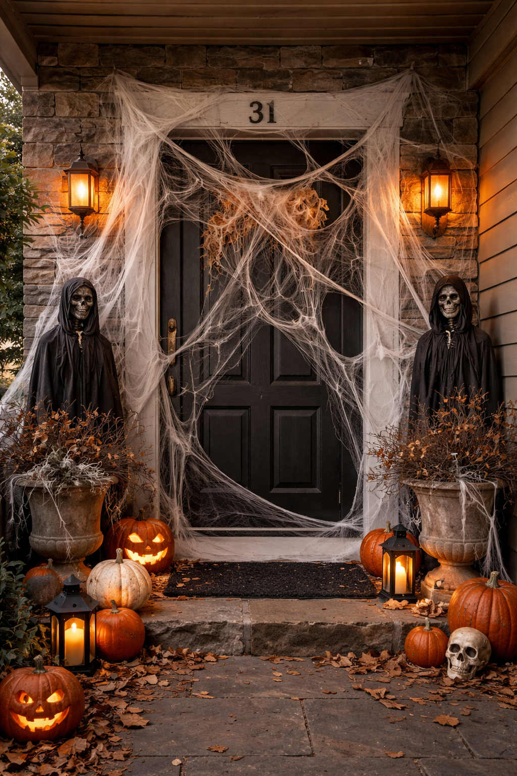 Front door decorated for Halloween