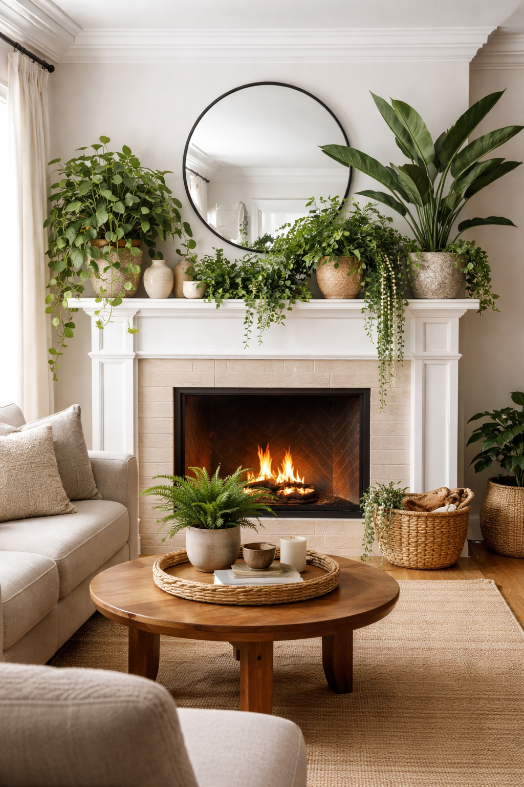 layered greenery enhances fireplace ambiance
