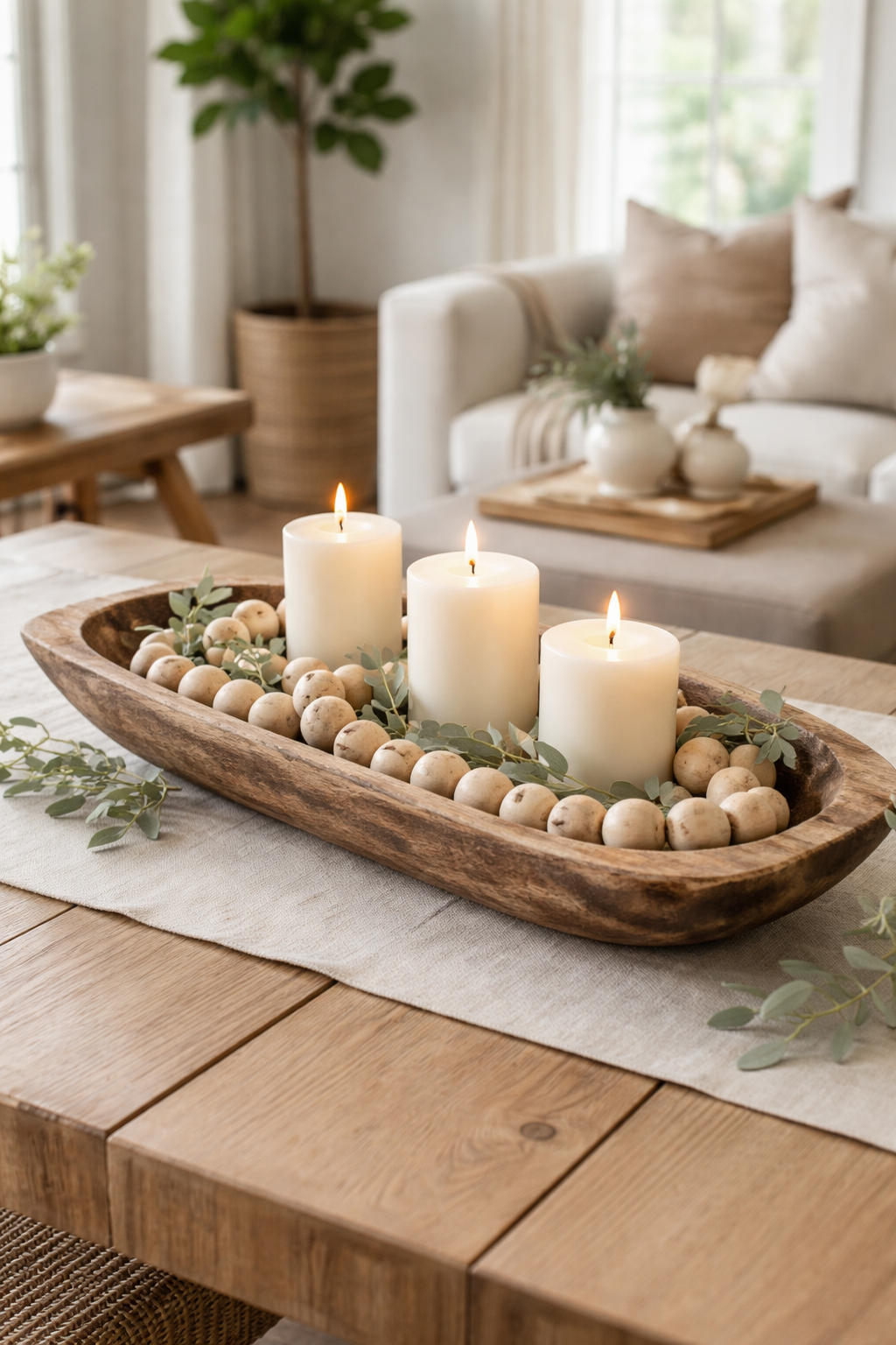 wooden beads candle arrangement