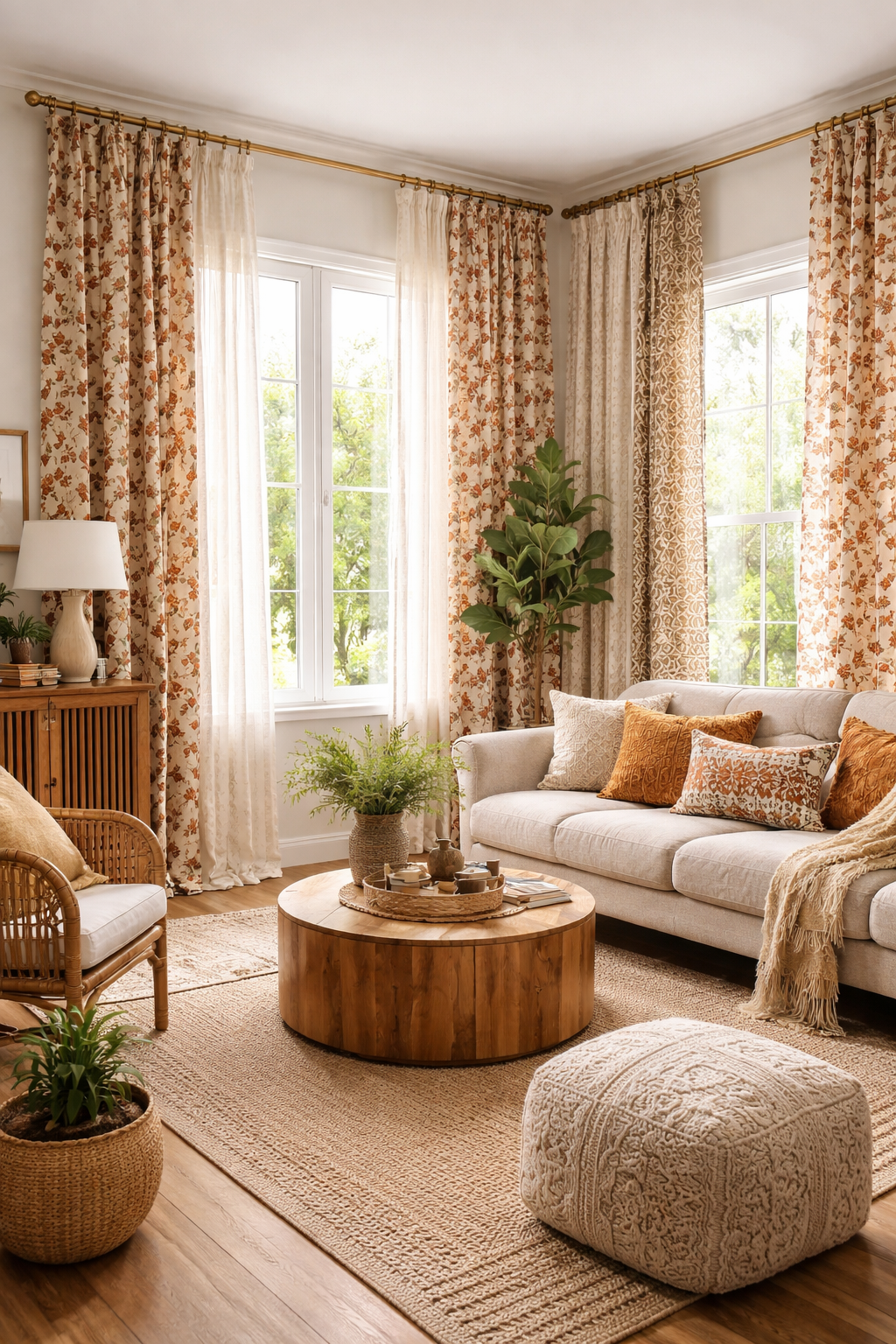 22 Modern Boho Living Room Ideas You'll Absolutely Love 5 layered patterned curtain decor