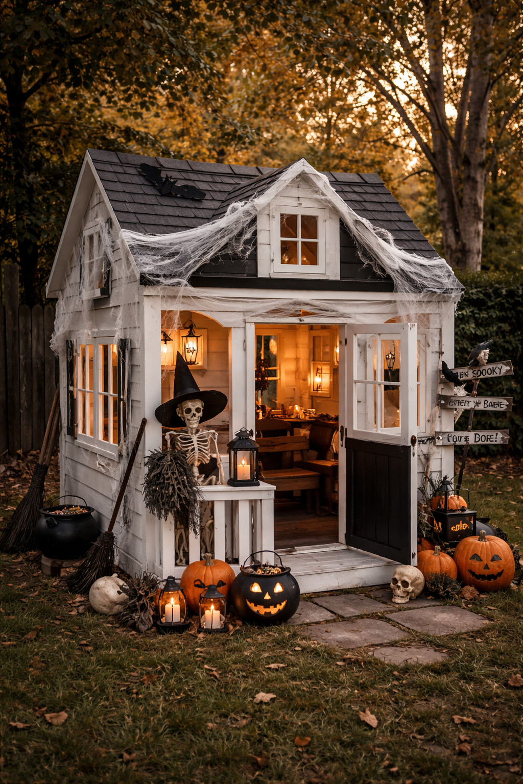 White playhouse with Halloween decorations