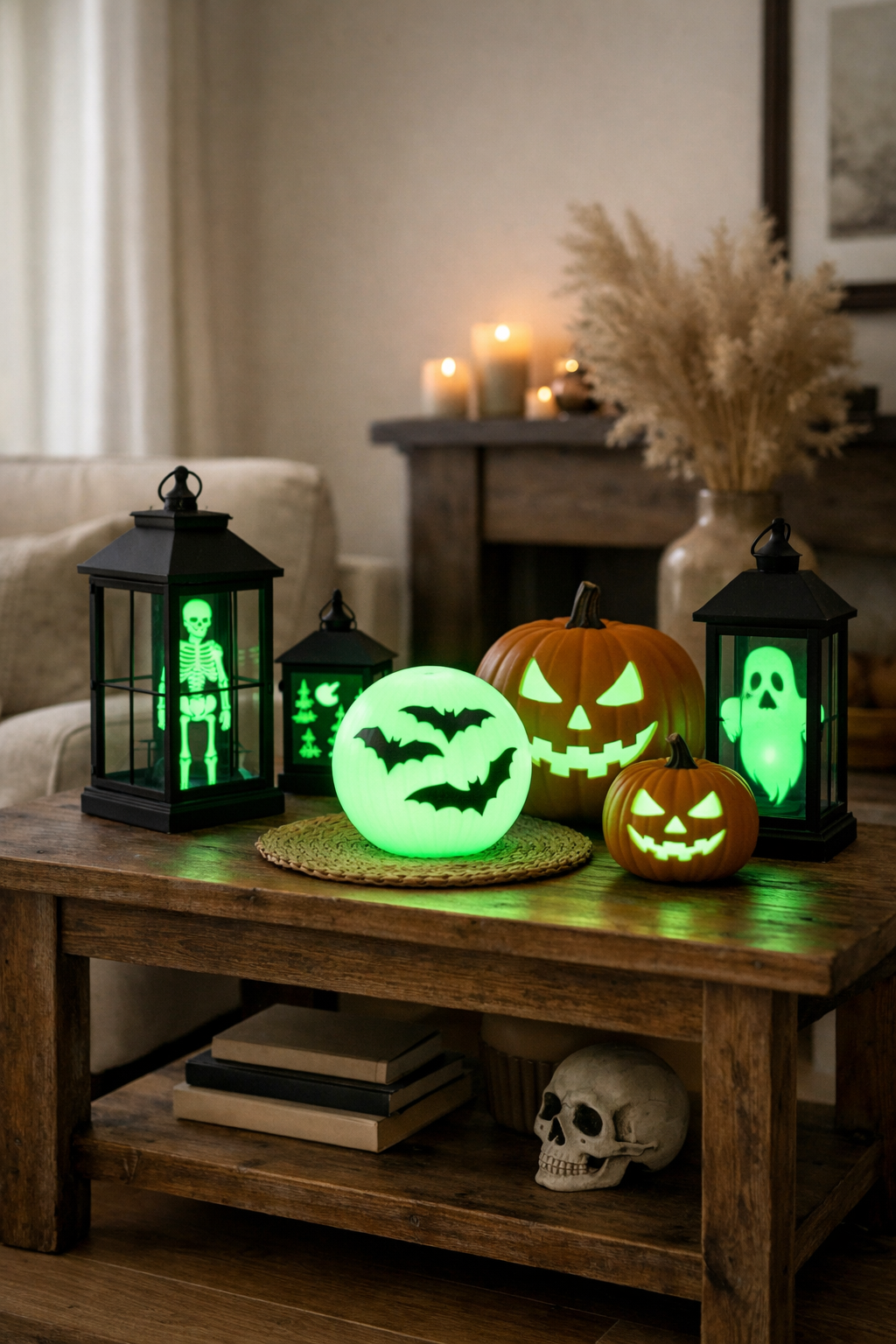 Lanterns, lit up ball and pumpkins