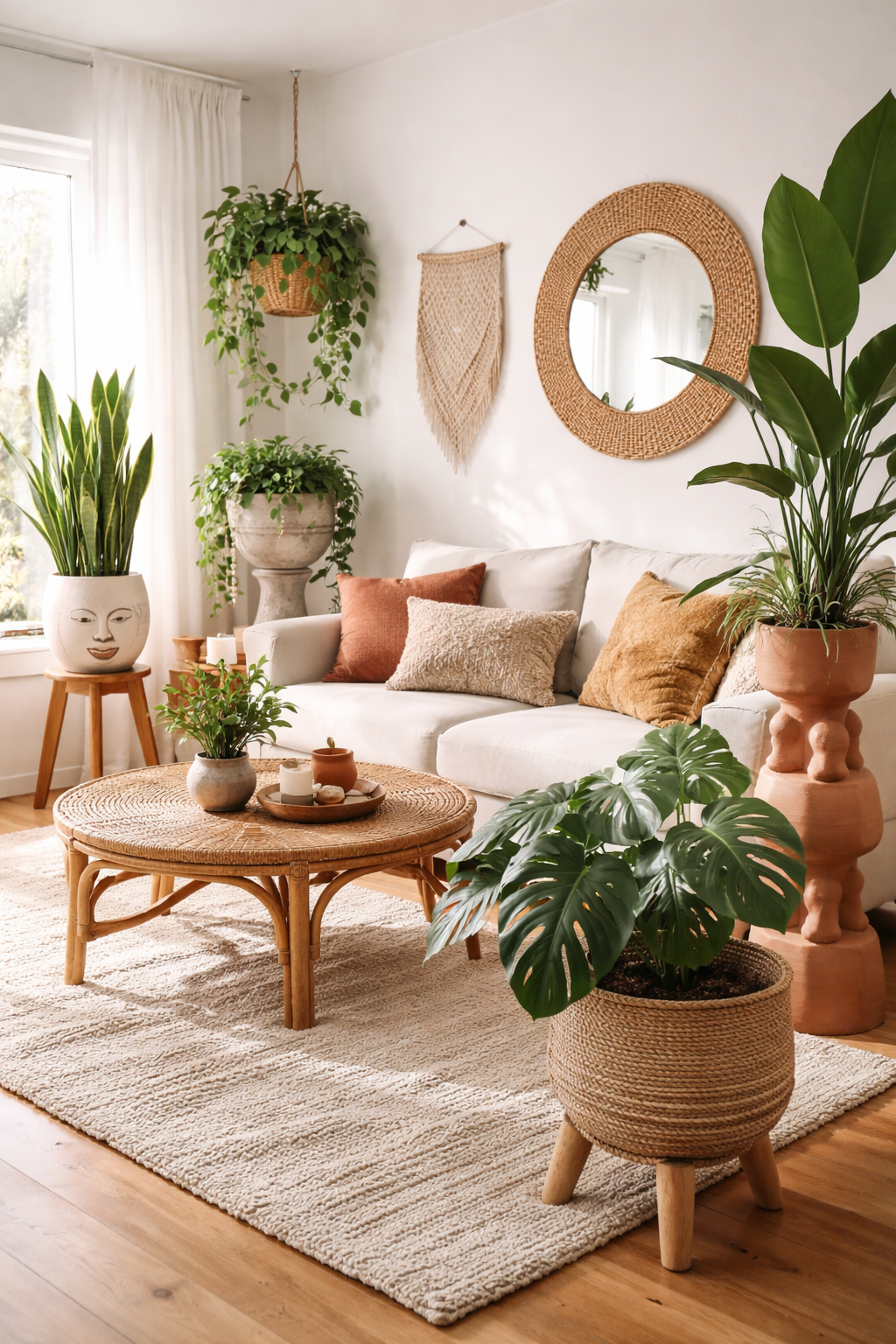 22 Modern Boho Living Room Ideas You'll Absolutely Love 6 unique planters enhance boho decor