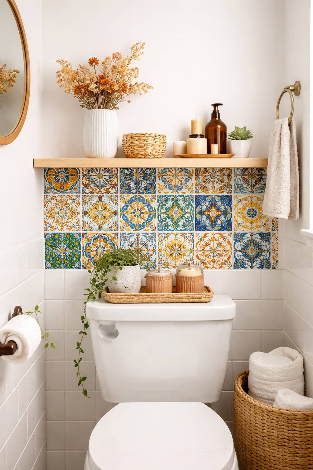 25 Gorgeous Above Toilet Decor Ideas You’ll Want to Steal 6 vibrant mosaic accent tiles