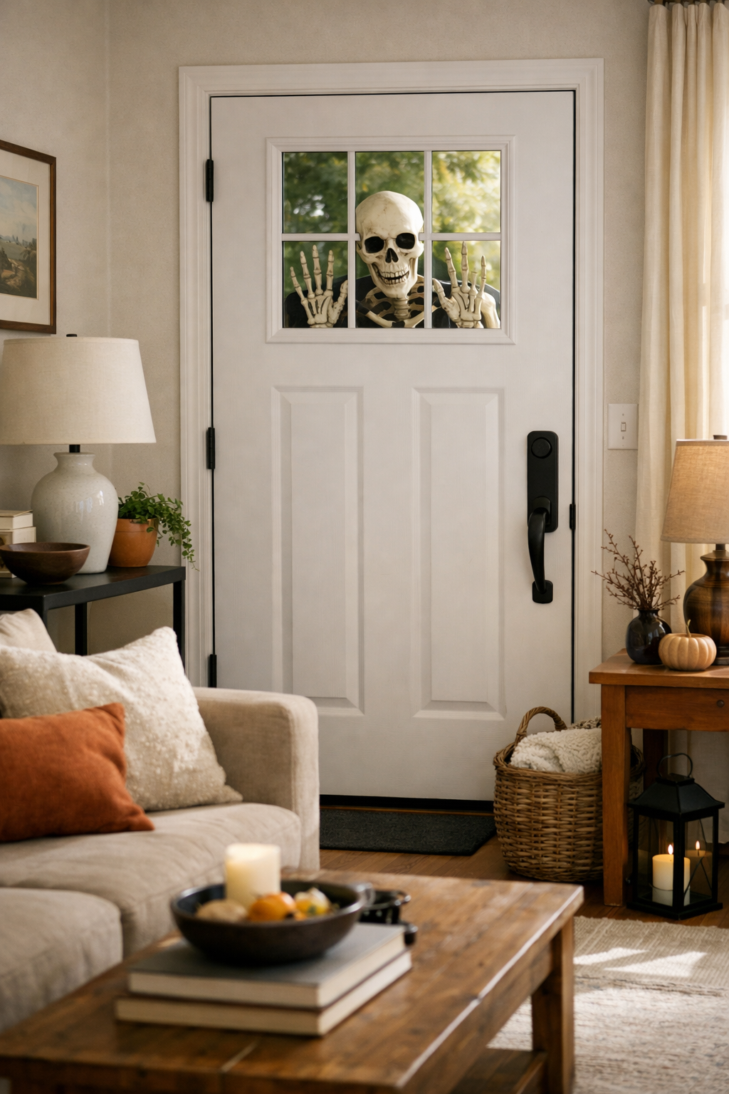 spooky front door skeleton