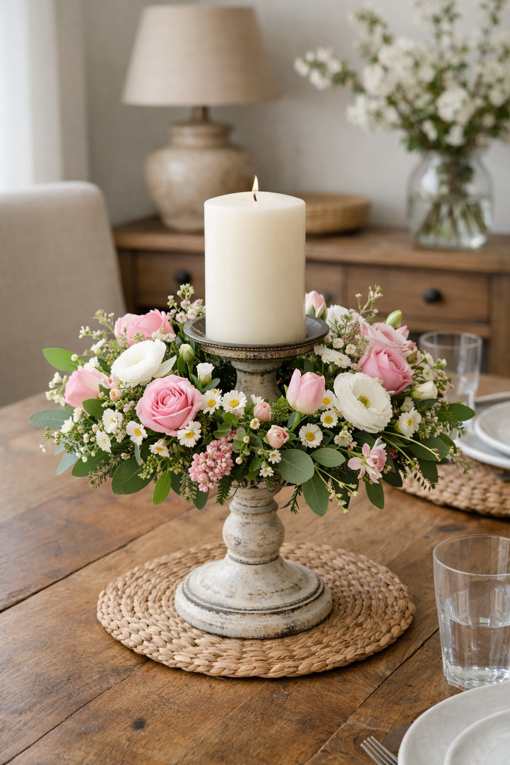 floral wreath on candlestick