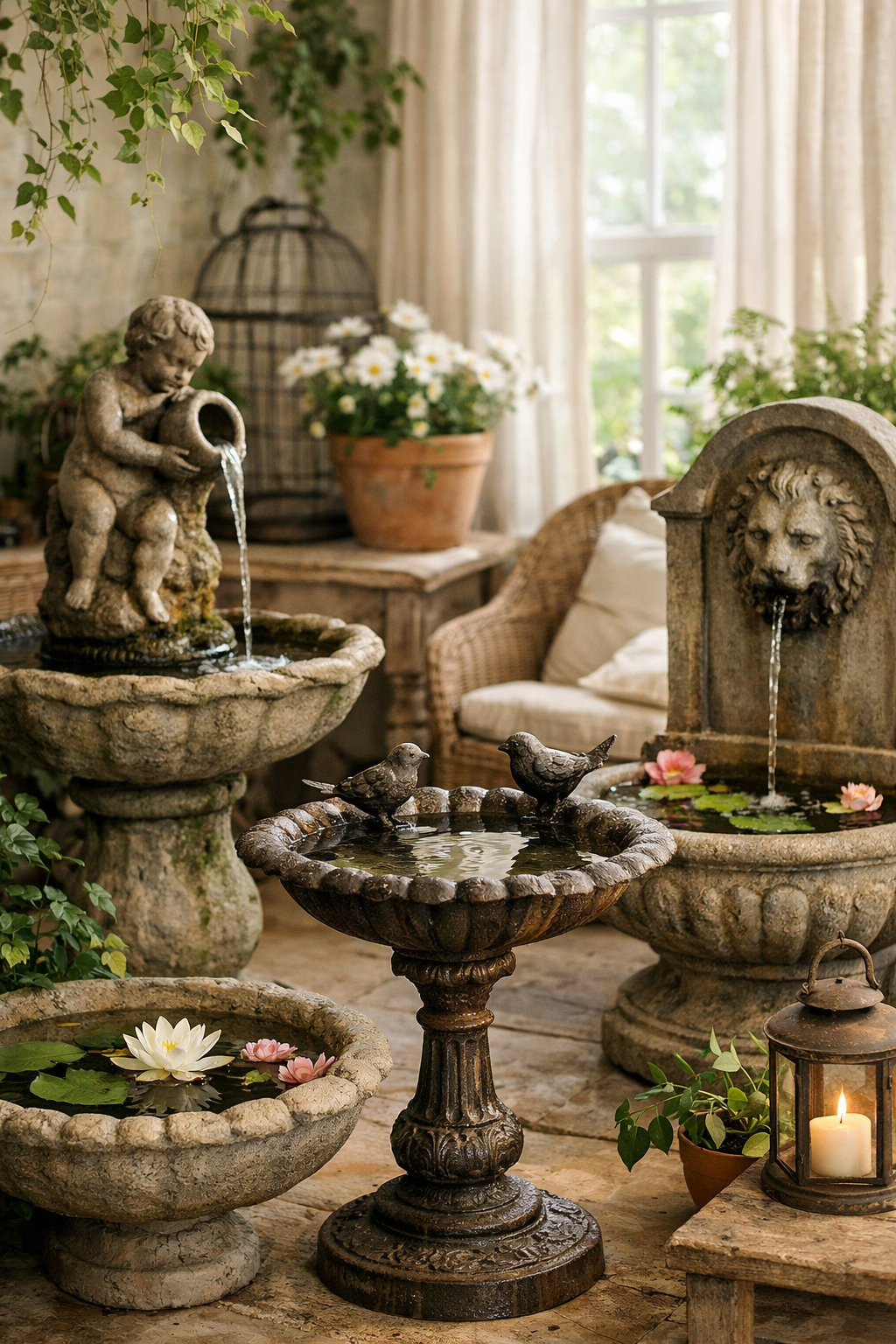 vintage birdbaths and water features