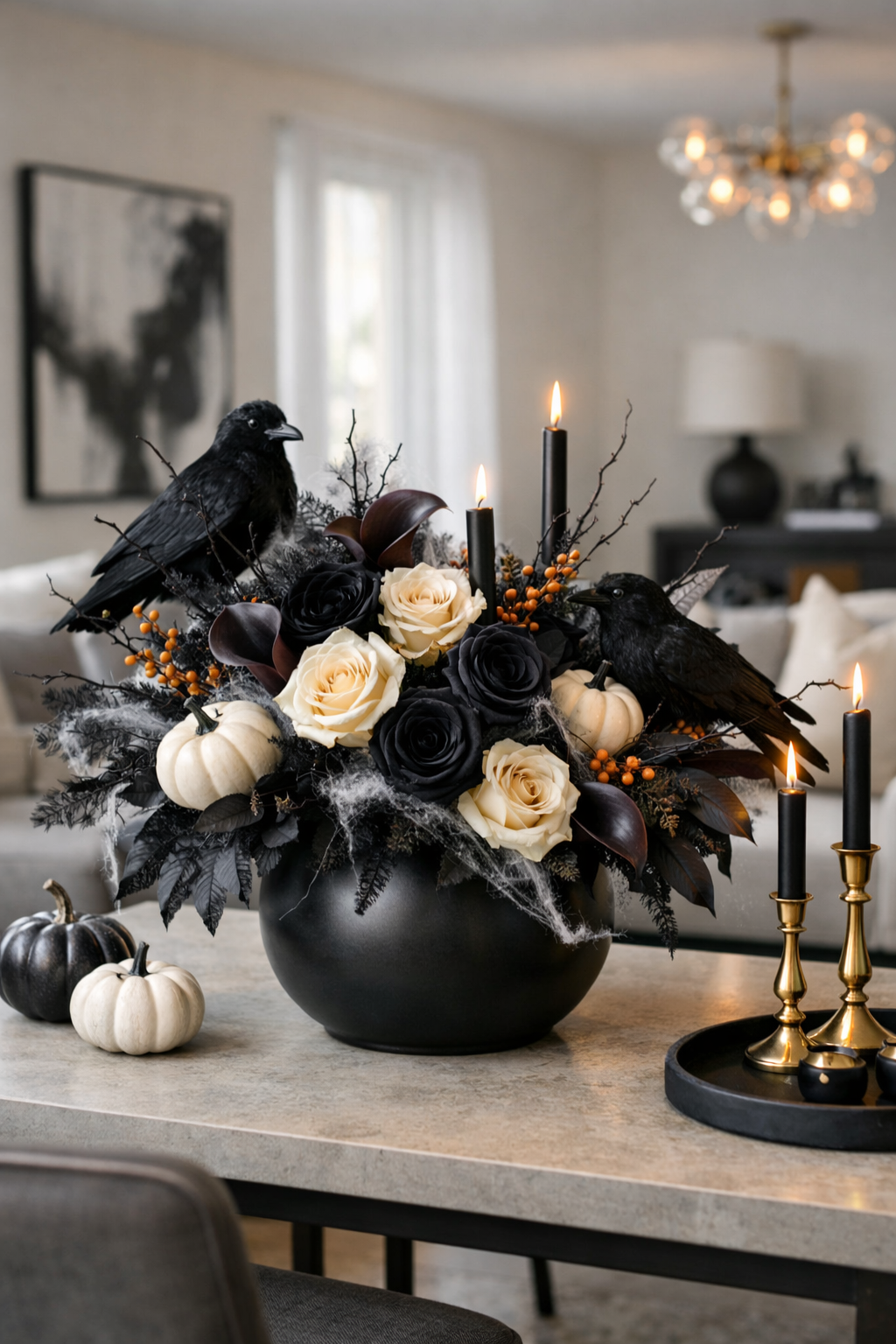 large floral Halloween centerpiece