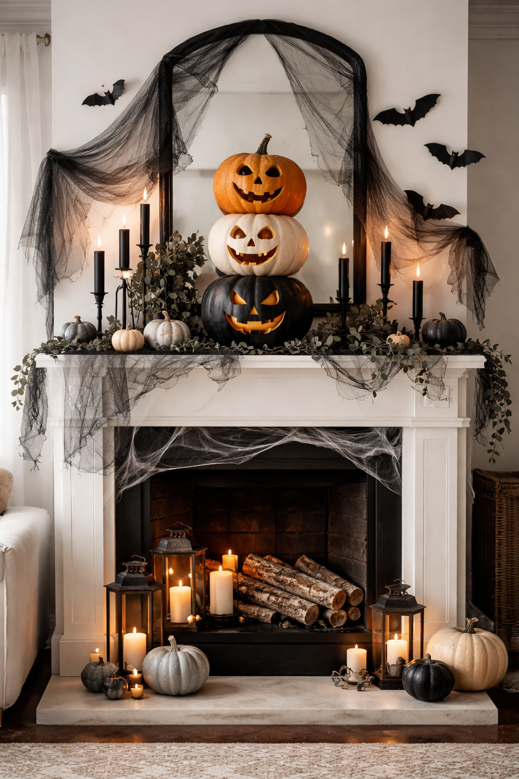 halloween mantel ideas stack pumpkins