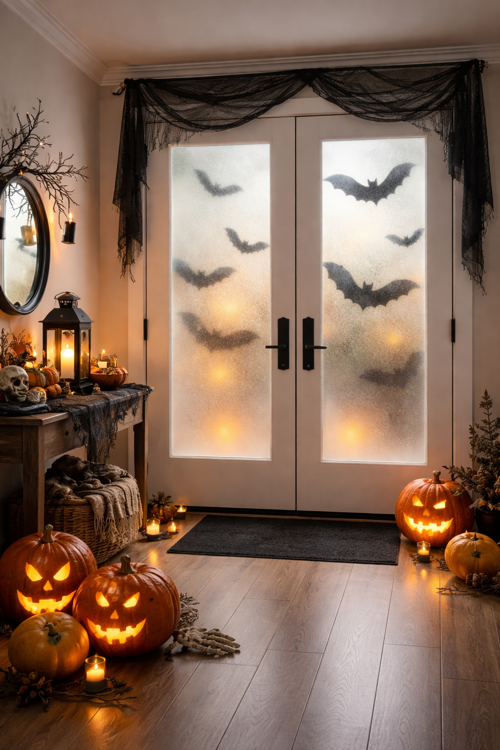 Frosted door windows with bats