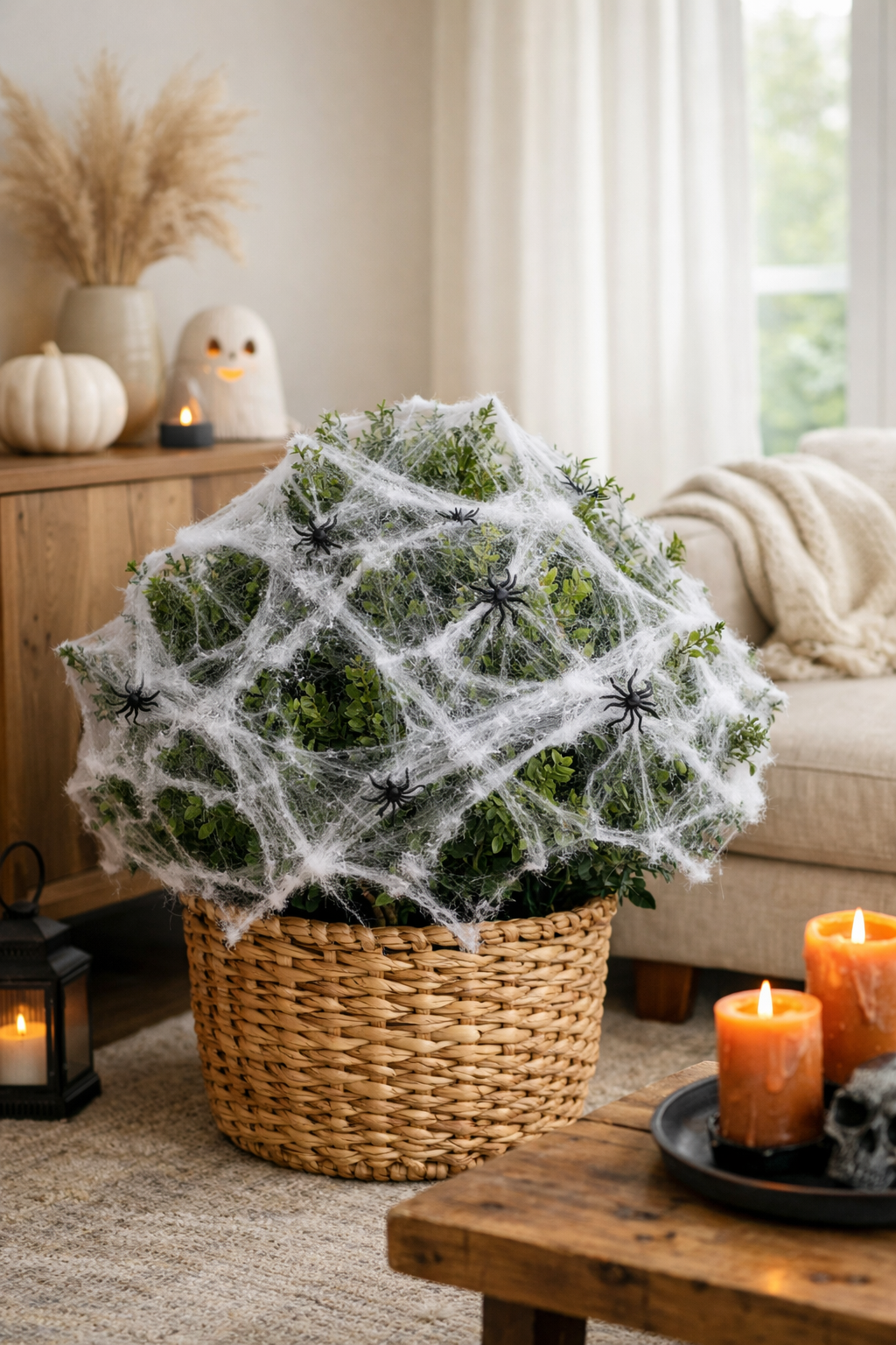 Bush covered with spider web decor