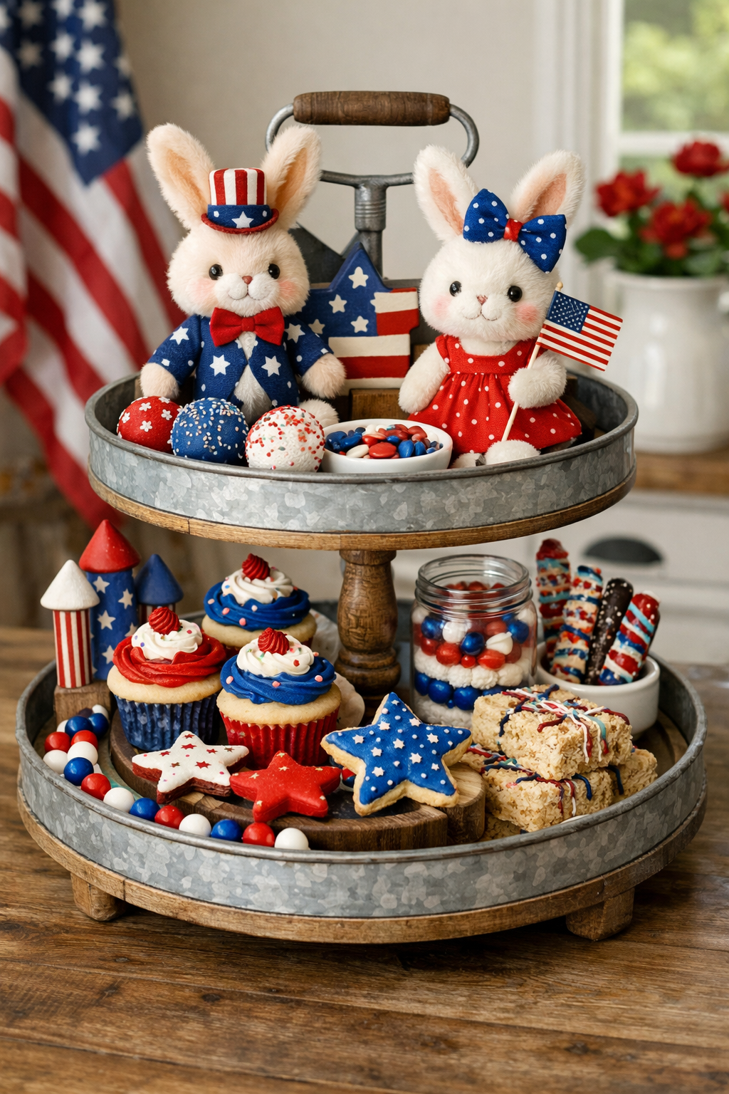 patriotic treats on tiered tray