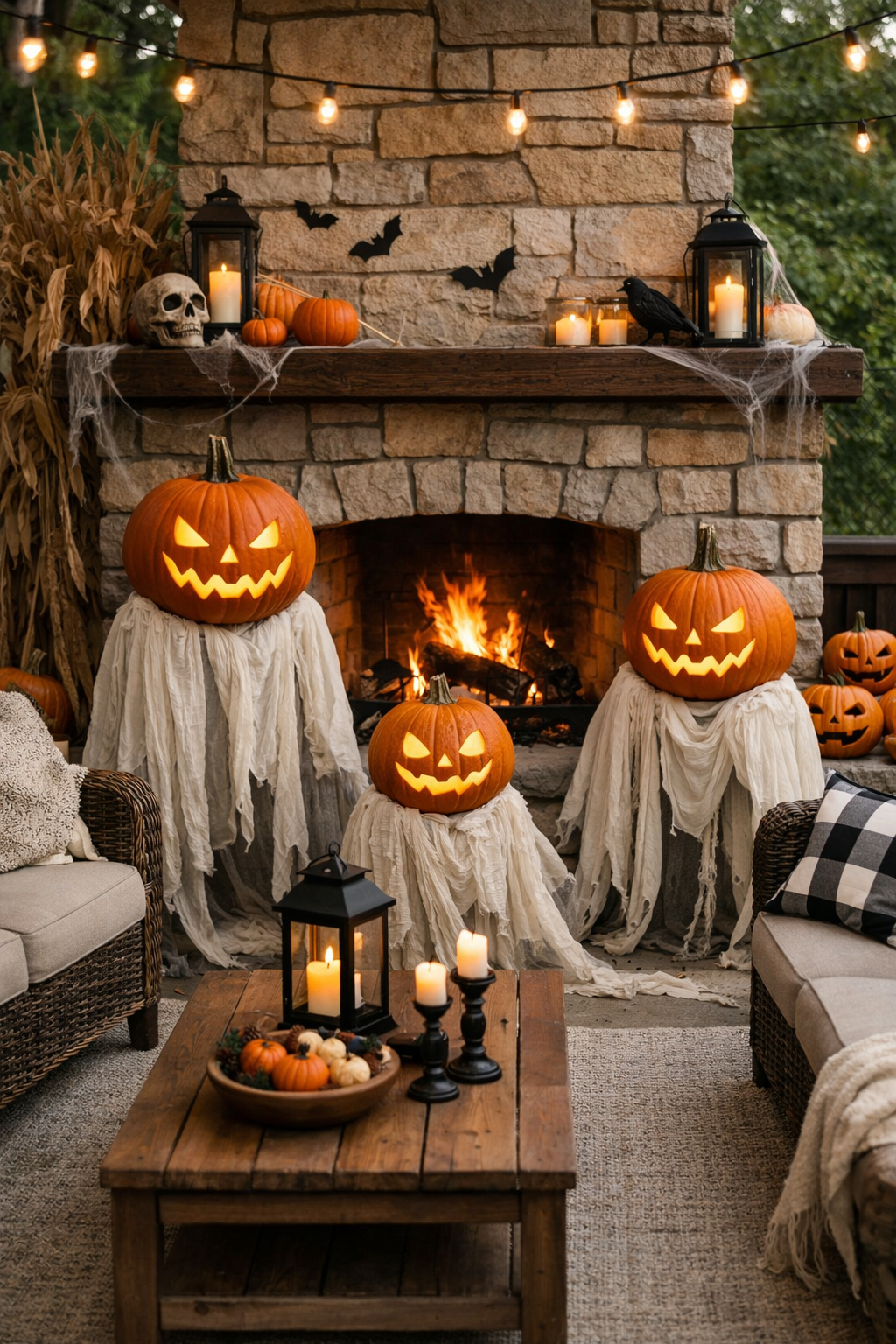 Halloween-inspired outdoor fireplace area