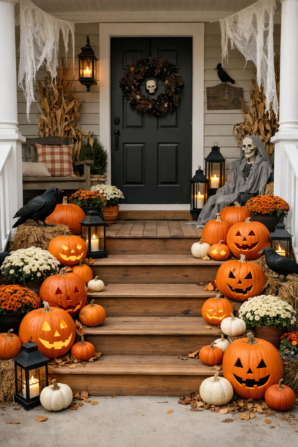 Front porch decorated for fall with various Halloween decorations