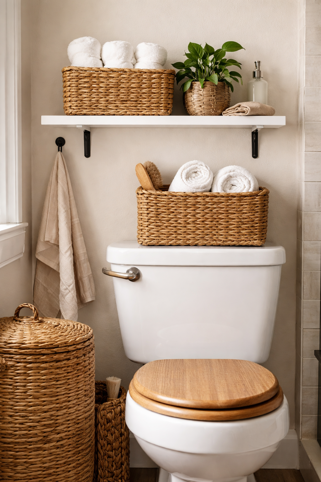 25 Gorgeous Above Toilet Decor Ideas You’ll Want to Steal 9 rustic woven bathroom storage