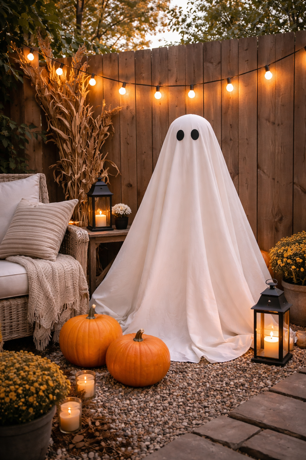 White cloth ghost and two orange pumpkins in a backyard corner
