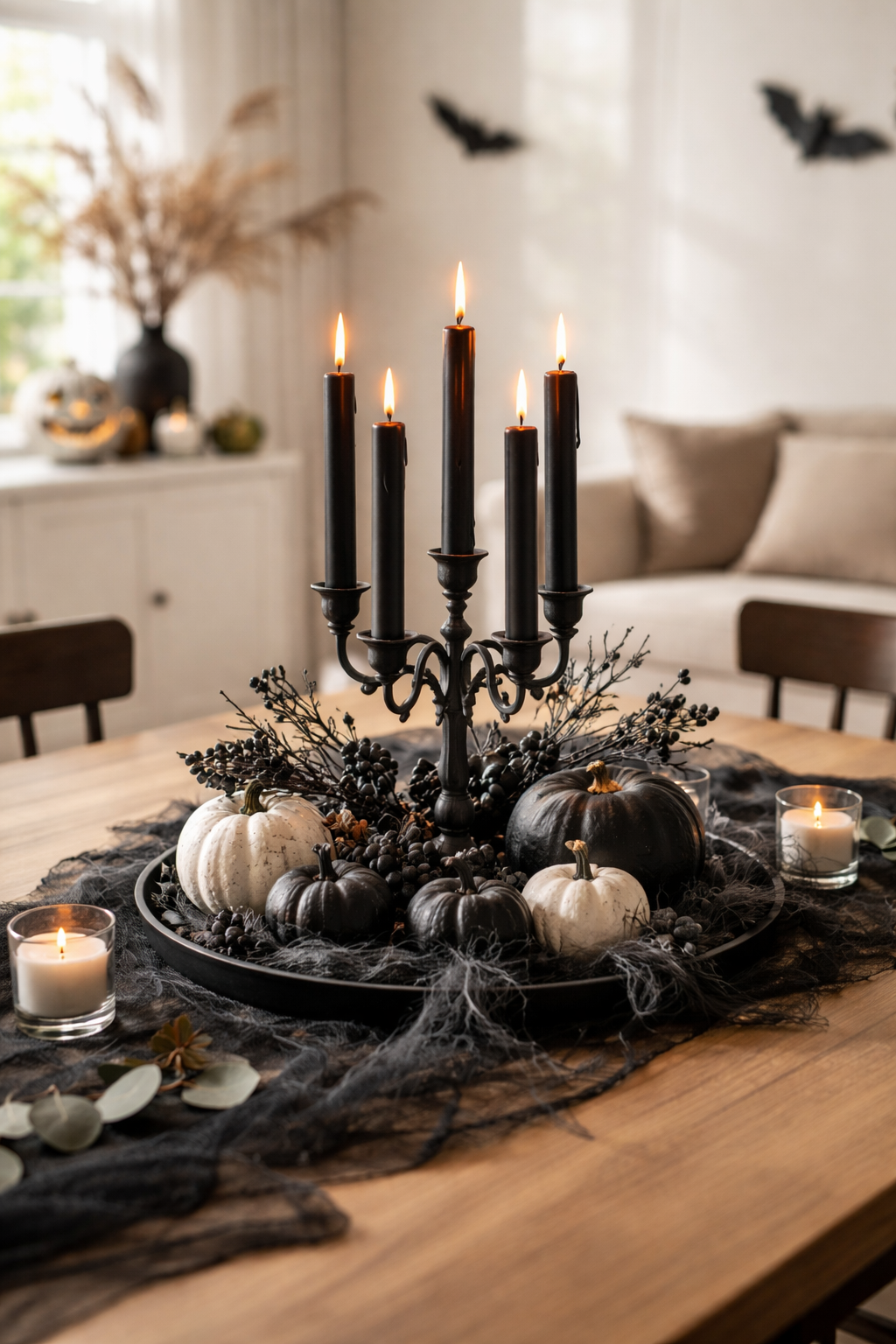 black candle Halloween centerpiece