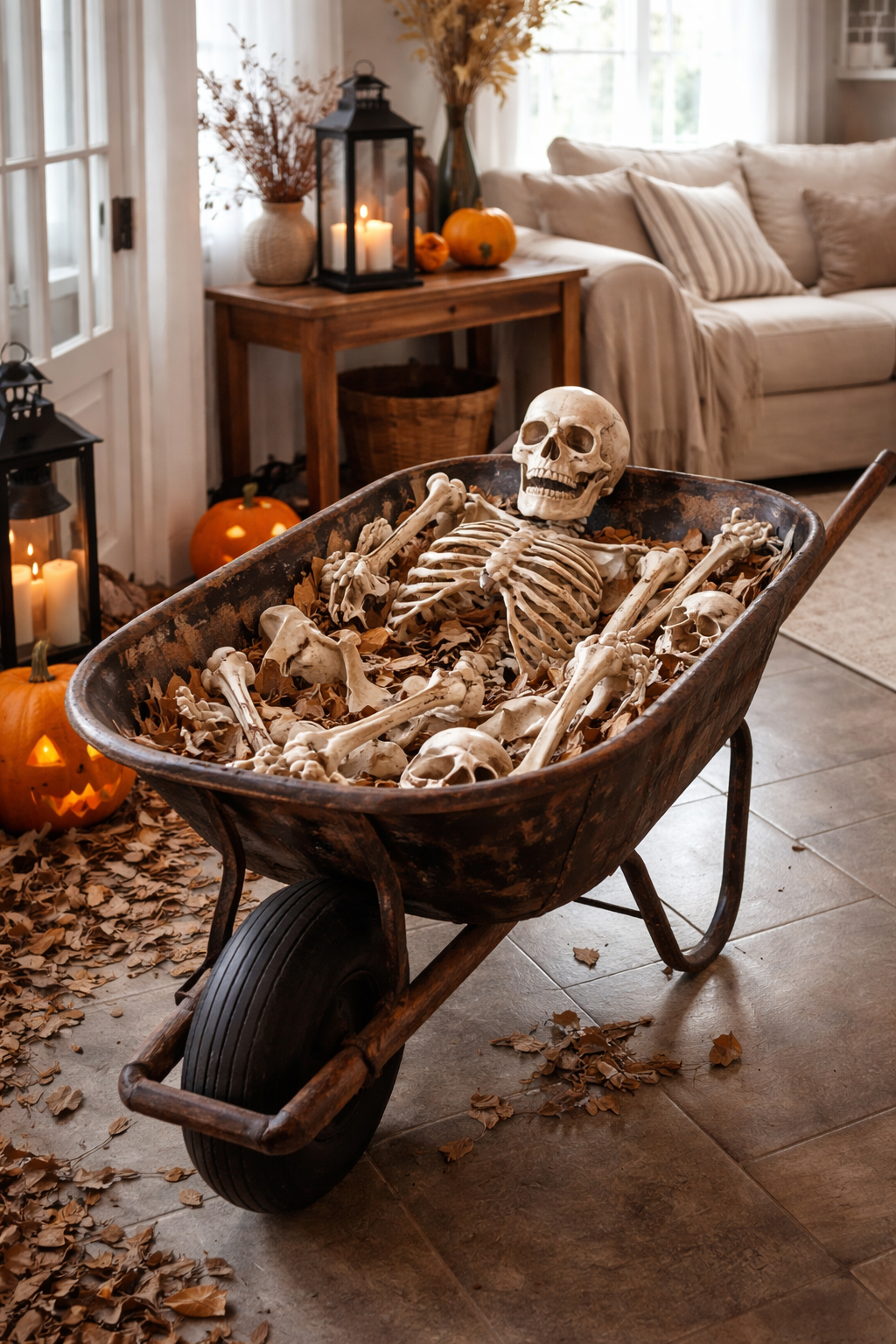 Skeleton bones in a wheelbarrow