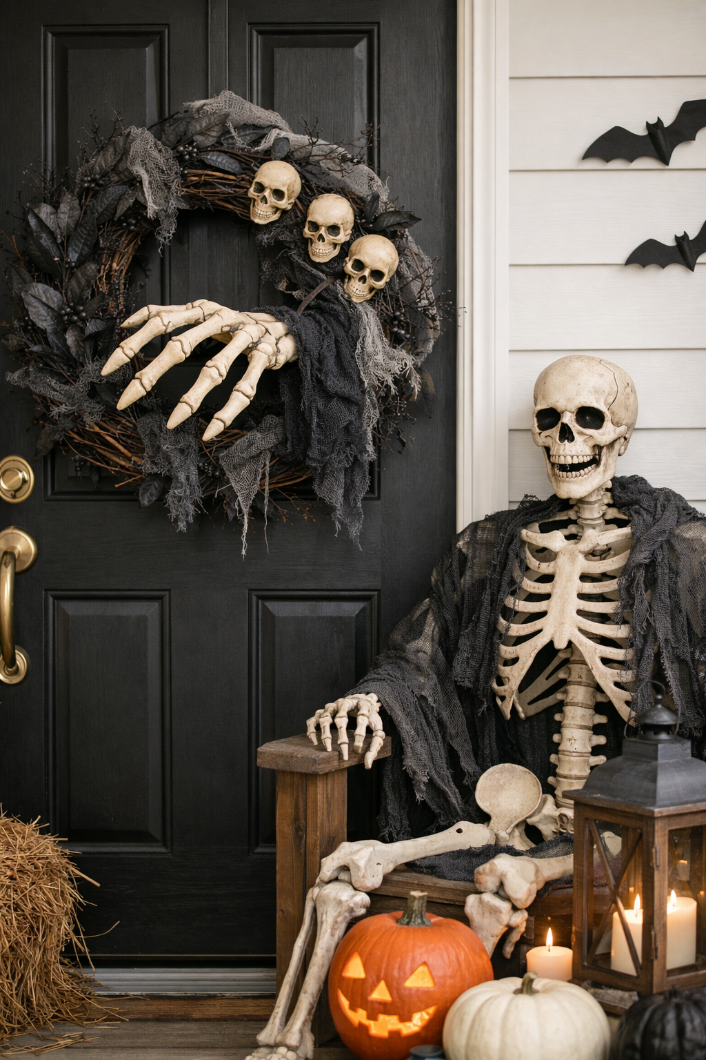 Skeleton on porch and wreath with hand