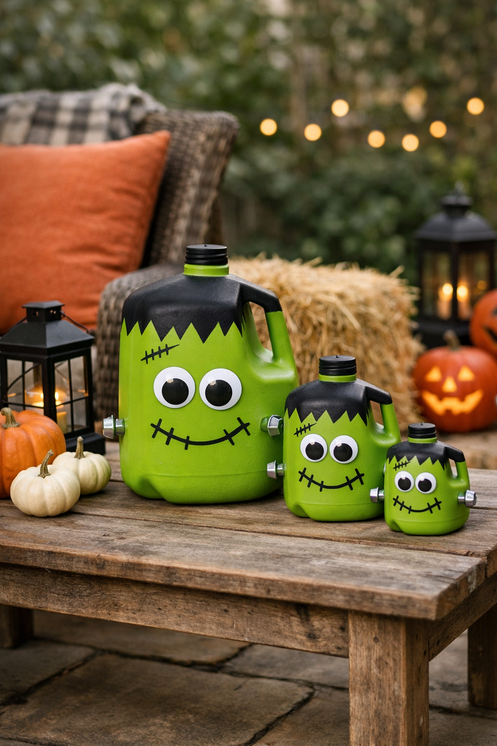 Jugs painted as Frankenstein and used to decorate backyard