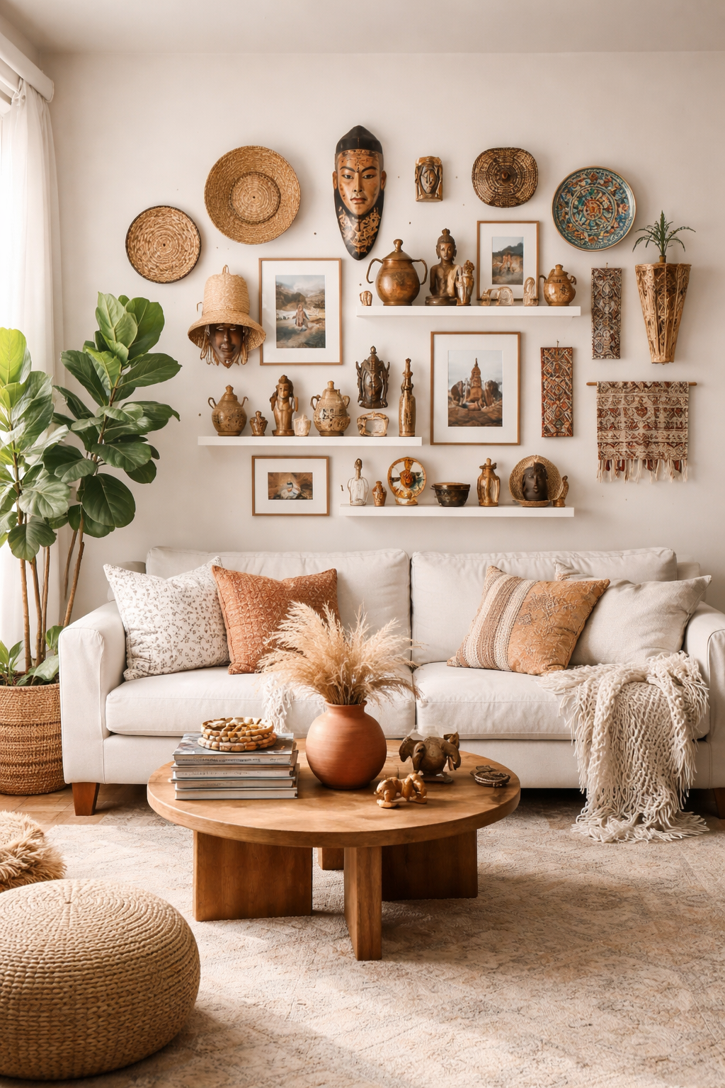 22 Modern Boho Living Room Ideas You'll Absolutely Love 12 travel souvenirs as art