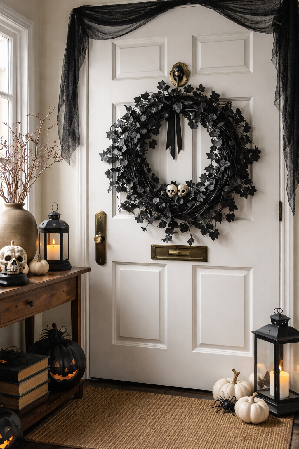 Black ivy wreath on front door