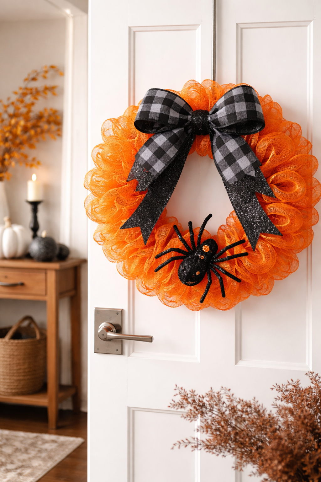 Orange wreath with black bow and spider