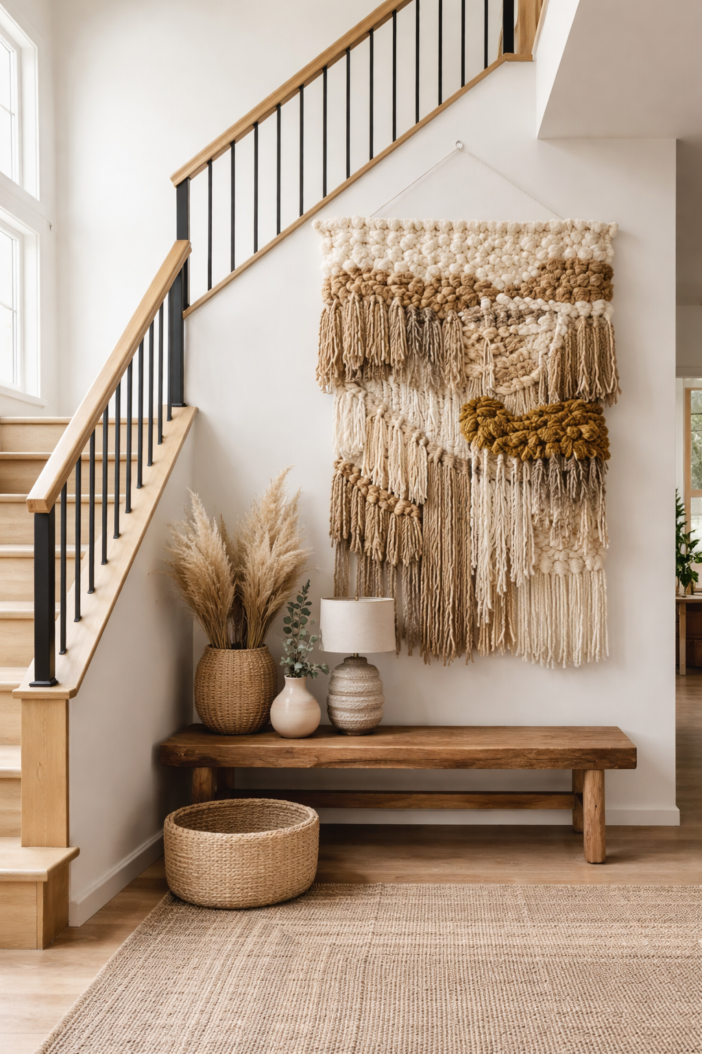 How to Style a Staircase Wall: 26 Inspiring Decor Ideas 13 textured textile wall art